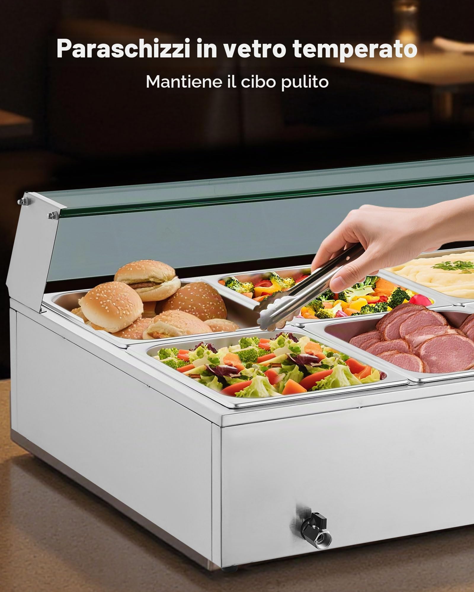 VEVOR Scaldavivande Commerciale, Scaldavivande Elettrico in Acciaio Inox da 1700 W con Coperchio in Vetro, Bagnomaria da Banco a 10 Teglie, con Mestoli per Zuppa e Forati, per Ristoranti