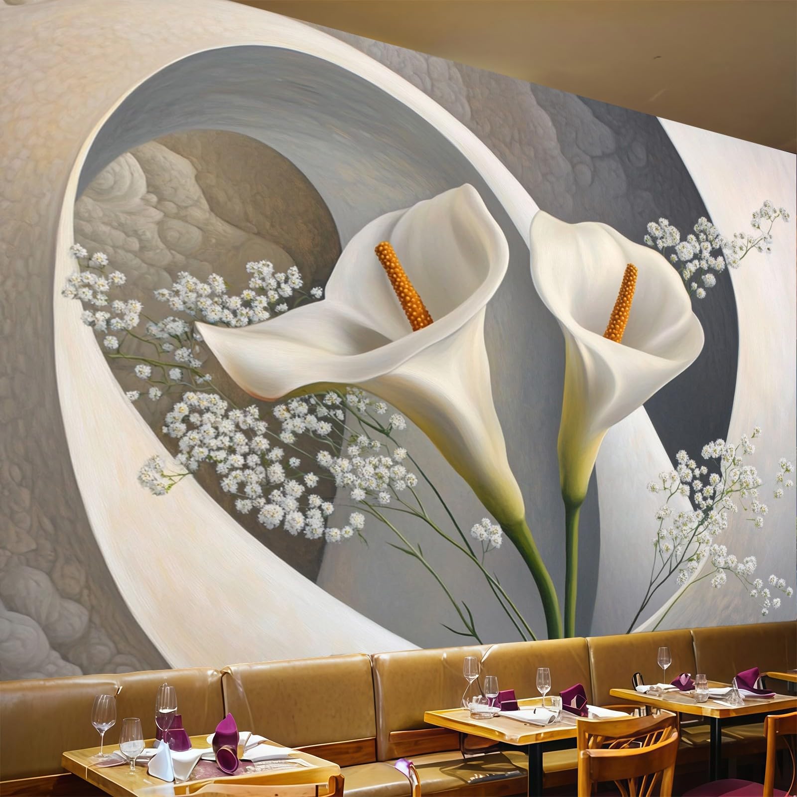 Papier peint panoramique 3D salon poster mural lys abstraits et gypsophile blanc