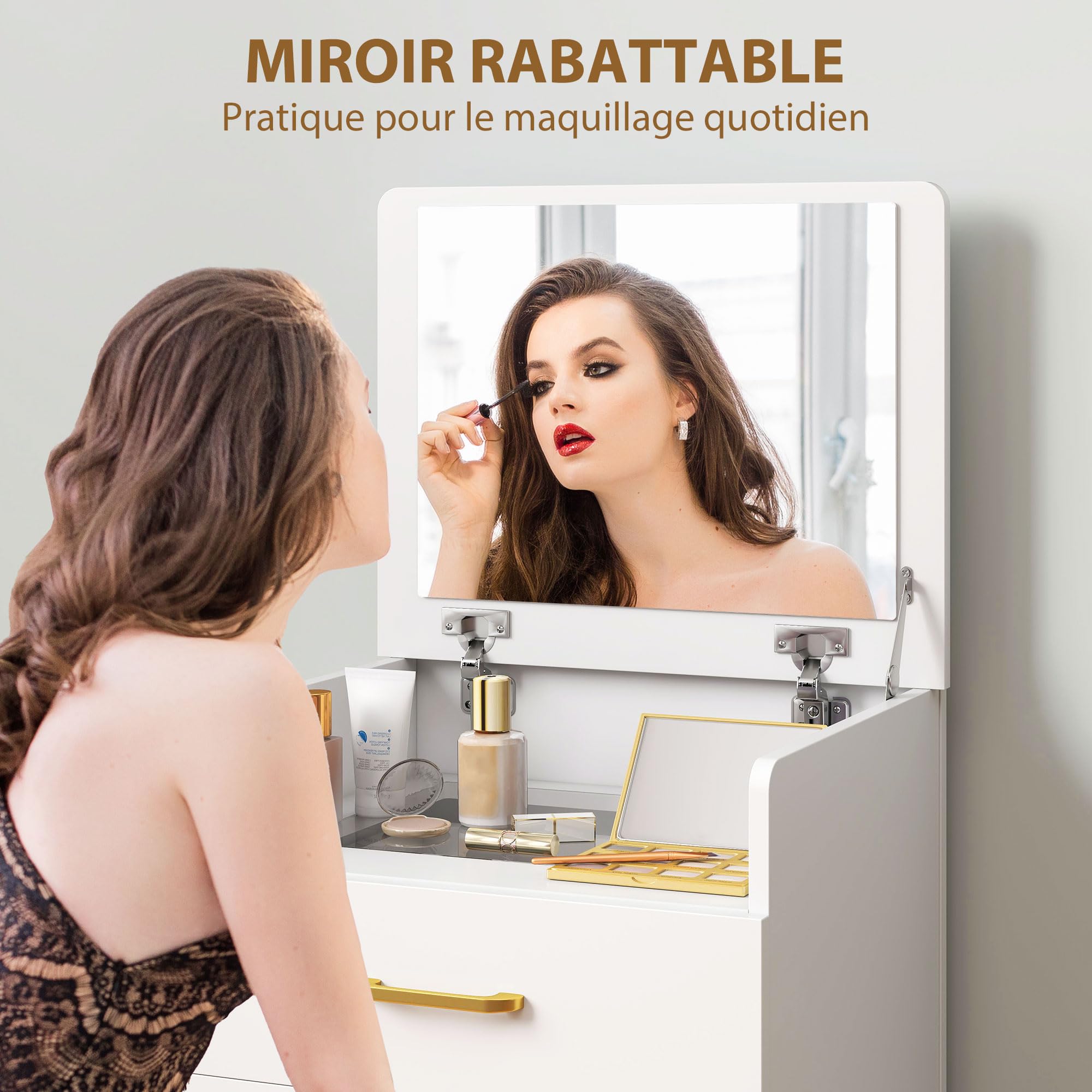 HOMCOM Coiffeuse avec Miroir et Tabouret 3 en 1 48 x 40 x 90 cm Blanc | Table de Maquillage, Plateau en Verre Visible, 3 Tiroirs, Coussin Rembourré, Roulettes, Bureau Coiffeuse