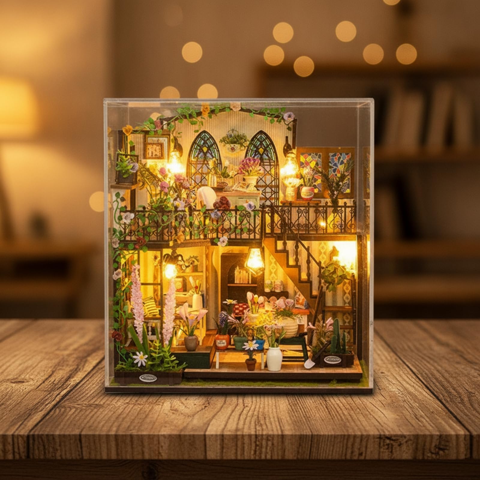 Casa in Miniatura Assemblabile Modello Bungalow Giardino Kit Casa Fai da Te Diorama con Interna E Balcone in Legno Carta Tessuto con Illuminazione, Versione Cinese Con Copertura Antipolvere