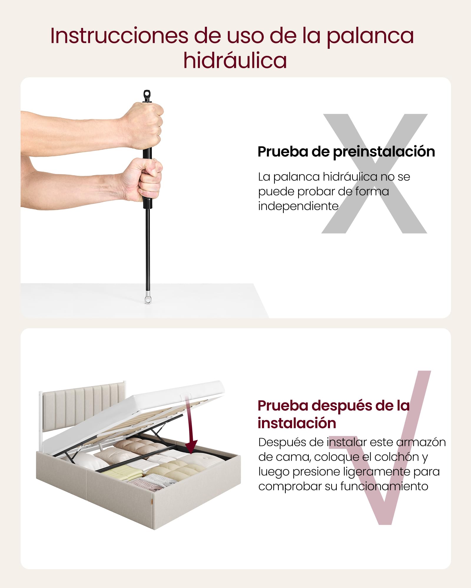VASAGLE Estructura de Cama, 160 x 200 cm, Cama Elevable, 2 Personas, con Almacenaje, Cabecero, Sistema Hidráulico, Moderno y Minimalista, Fácil Montaje, Beige Capuchino RMB615LH01 — view 7