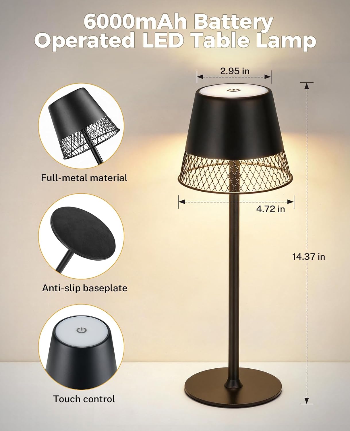 Cordless Lamp, 6000mAh Rechargeable Desk Lamp, Portable & Touch Control Desk Lights, RGB Stepless Dimming Table Light with Memory Function, for Bedroom/Restaurant/Outdoor (Black)