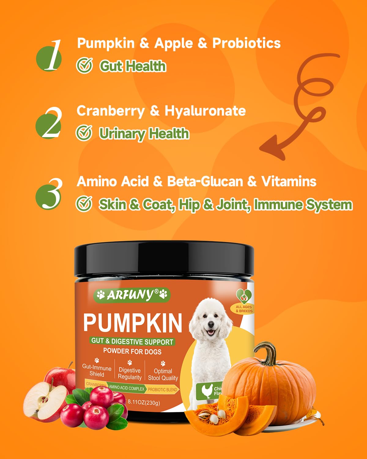 Pumpkin for Dogs - Organic Dog Pumpkin Powder - Daily Support Digestion, Diarrhea, Constipation, Upset Stomach - with Apple, Cranberry, Probiotics, Amino Acid - Urinary, Joint, Skin, Immune Health - image 3