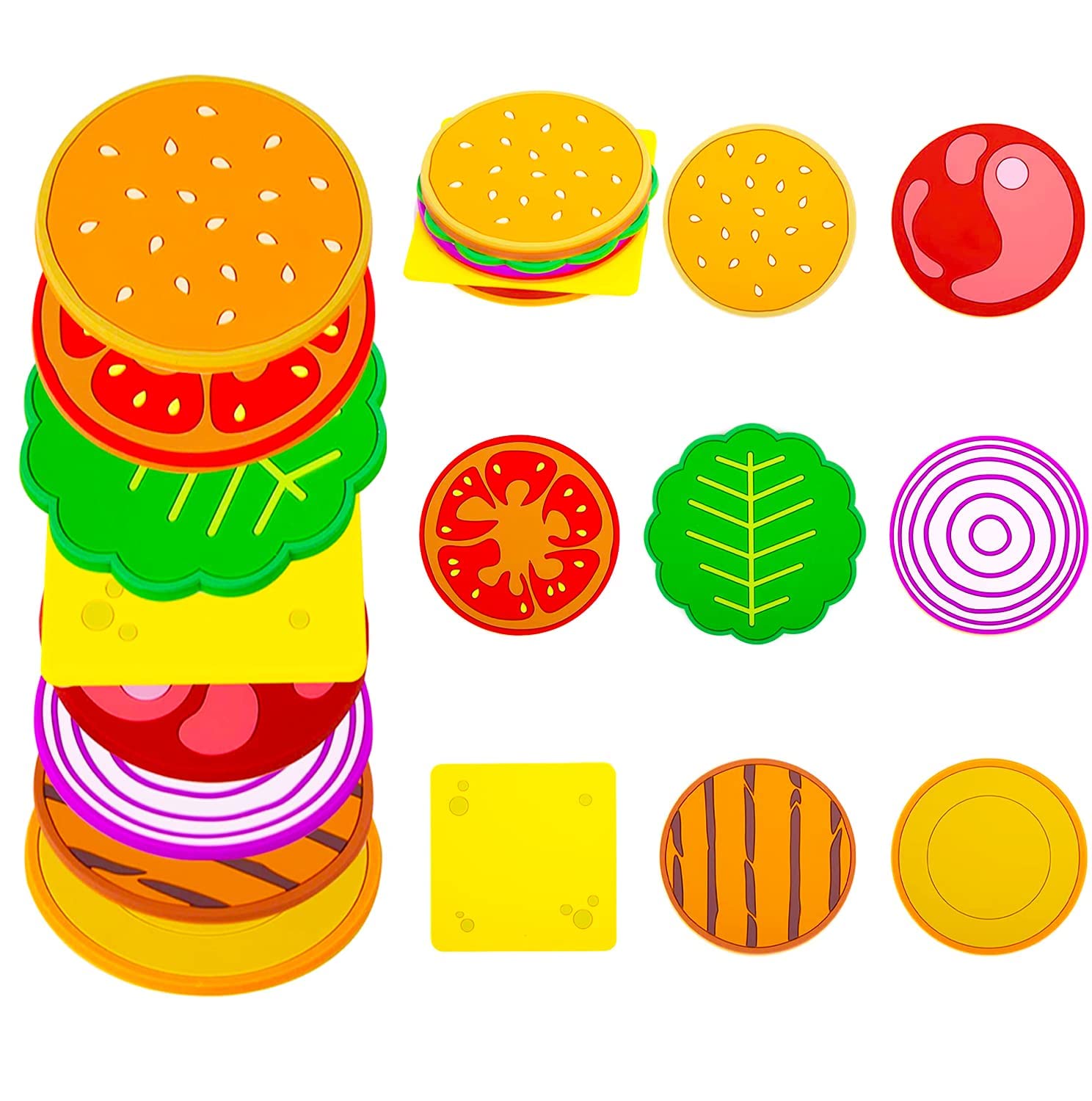 SYOSI Burger Coasters Set of 8, Novelty Bar Coasters for Drinks, 3.5 inch Non-Slip Hamburger Coasters for Table, Tabletop Protection, Heat Insulation, Cup Coasters for Drinks, Desk Coaster