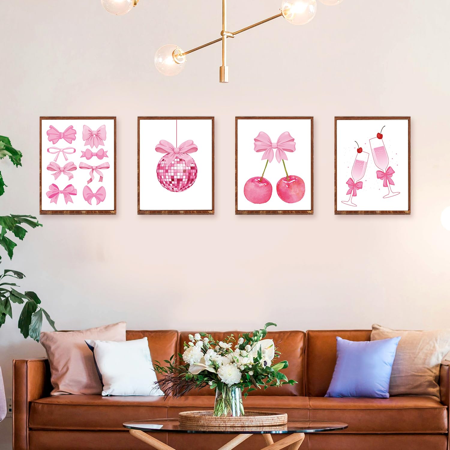 XIHIRCD Lot De 4 Affiches Avec Nœuds Roses Tendance - Décoration Murale