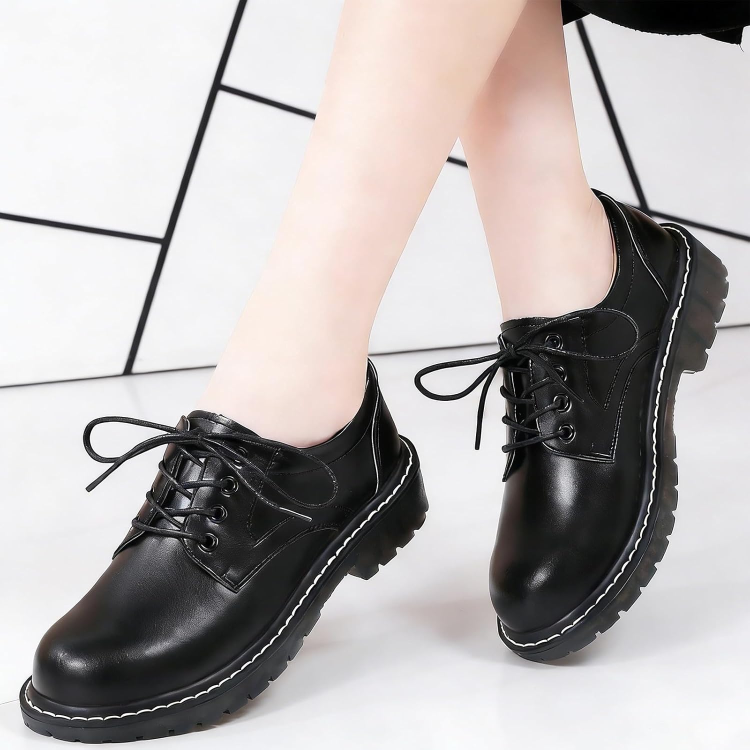 Black Oxford Shoes for Women Women's Oxfords Flats Lace-Up Oxfords Shoes Business Casual Work Office Uniform Dressy Server Shoes for Ladies Womens - Image 6
