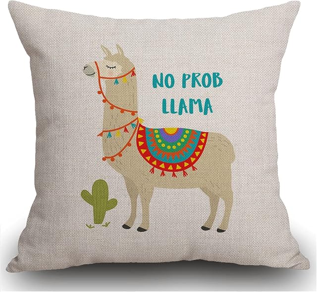 llama Cushion Cover,Cute Animal Alpaca with Cactus Motivational Quote no prob llama Throw Pillow Case Home Decorative for Men/Women Living Room Bedroom Sofa Chair 18X18 Inch Pillowcase 45X45cm