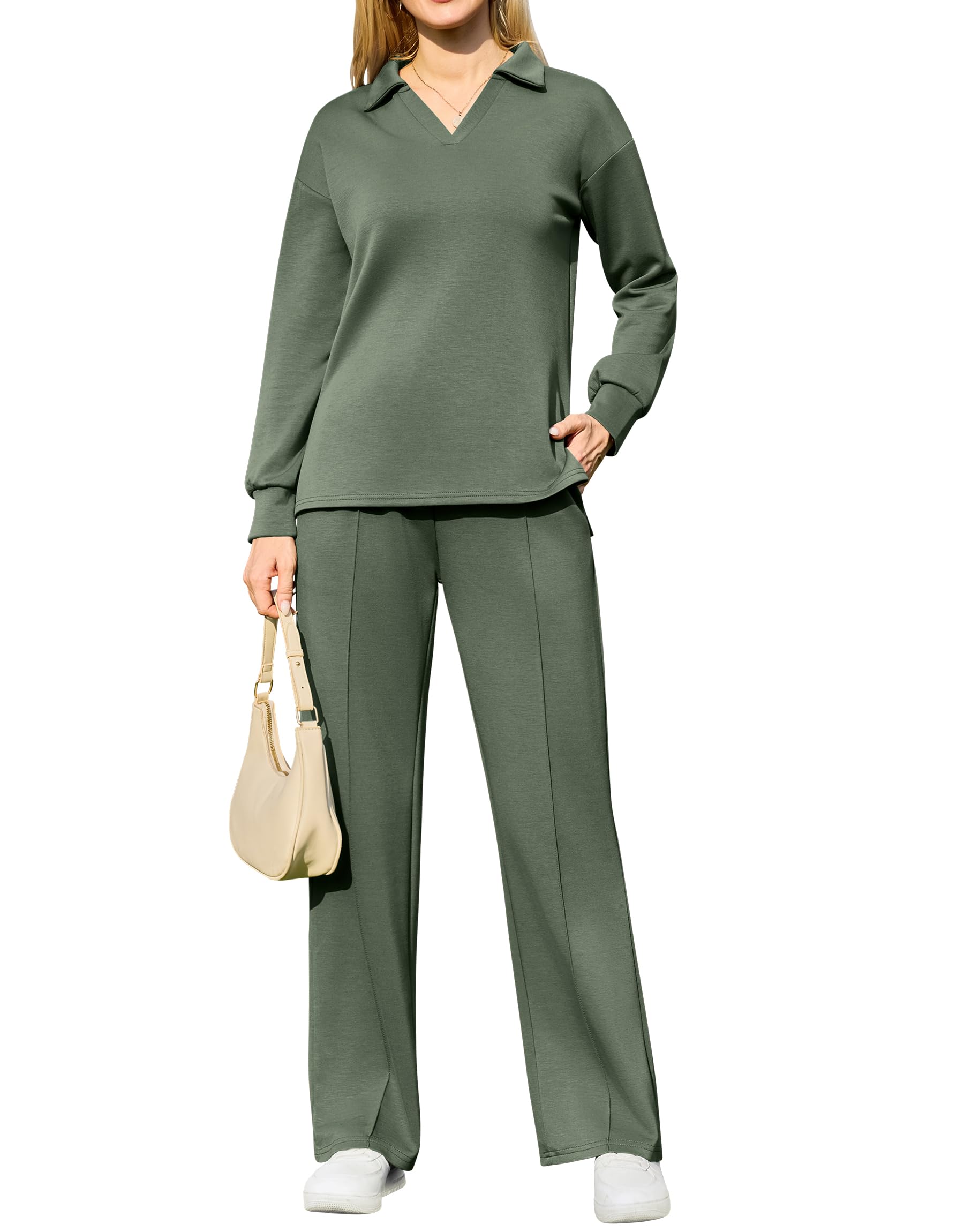 Photo 1 of *****ONLY TOP*****difficort Fall Outfits for Women 2025 Lounge Sets Lapel Sweatsuit Straight-Leg Loungewear Tracksuits Casual Travel Sets with Pockets,Army Green,Small