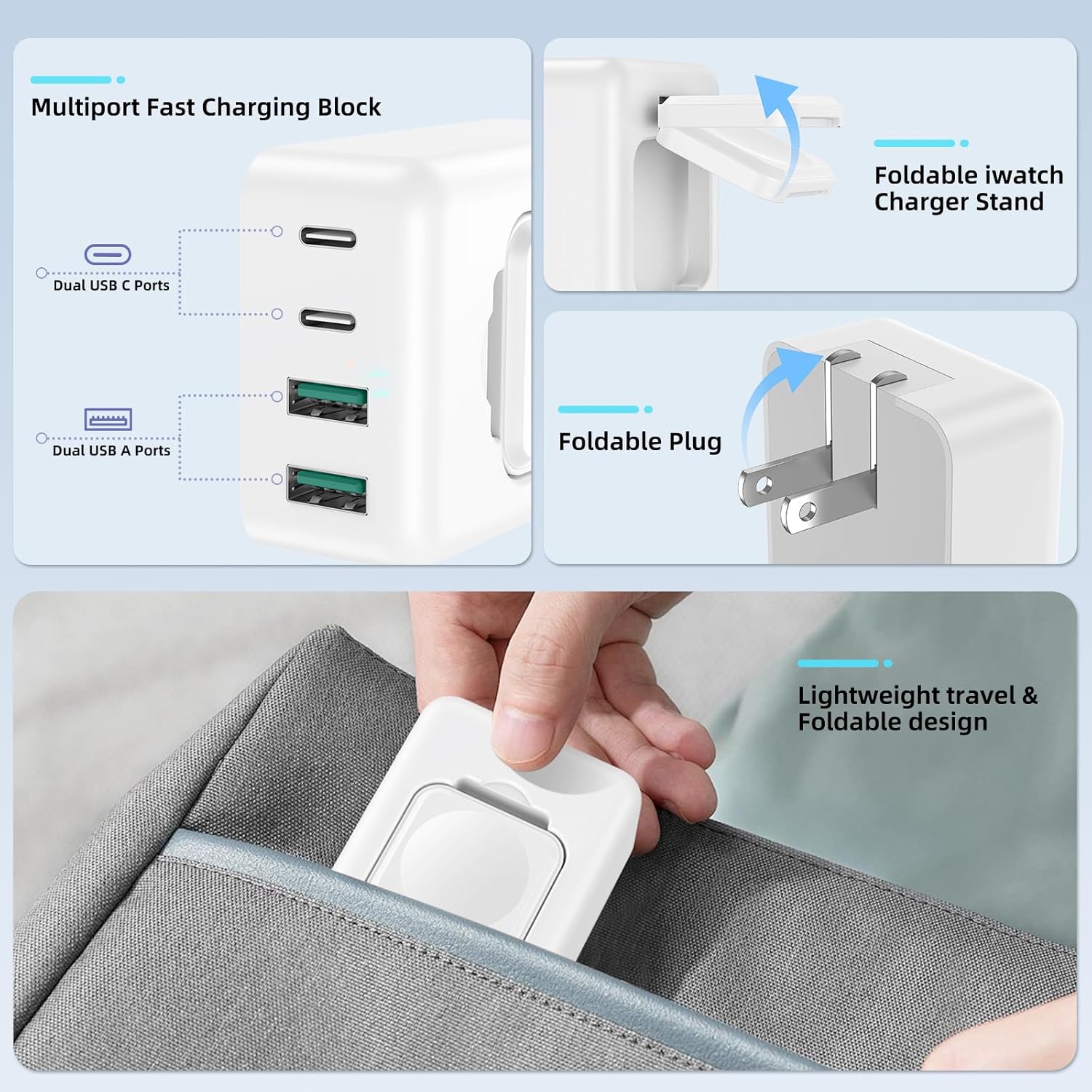 USB C Charger,43W Fast Charging Block with Foldable Magnetic Wireless iWatch Charger Dock, Multiport Power Adapter Compatible with iPhone 16/15/14/13/12/Pro Max/8/7, Tablets, Cellphones,Samsung,iPad - Image 5