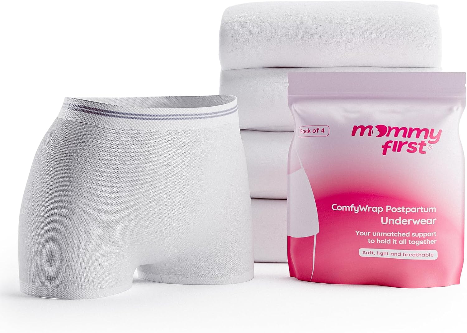 Mommy First® High-Waisted Postpartum Underwear | Soft, Breathable, Stretchable Hospital Panties for C-Section & Vaginal Delivery Recovery | Disposable & Washable | Waist 28" to 40" | Pack of 4 White