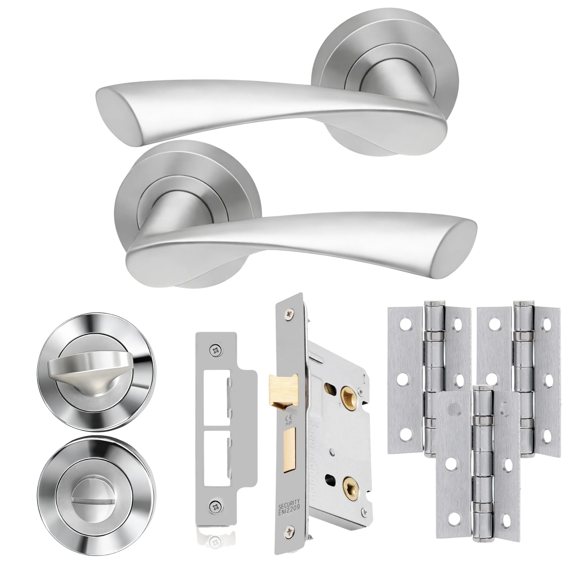 UAP Zeta Internal Door Handle Bathroom Pack, Satin Chrome Polished, with Lock, Hinges and Escutcheon, 75mm