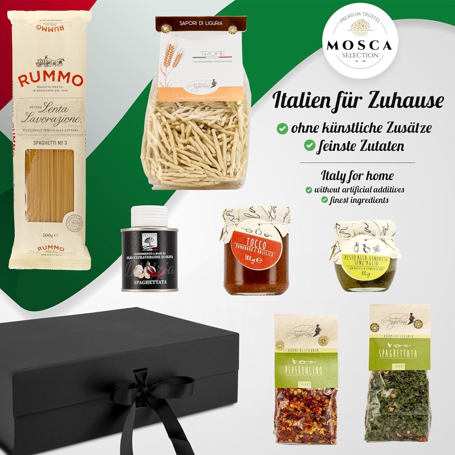 Coffret cadeau Spaghettata Selection : pâtes, pesto, huile d'olive, sauce tomate et épices - parfait pour des voyages culinaires dans la cuisine méditerranéenne - belle idée cadeau