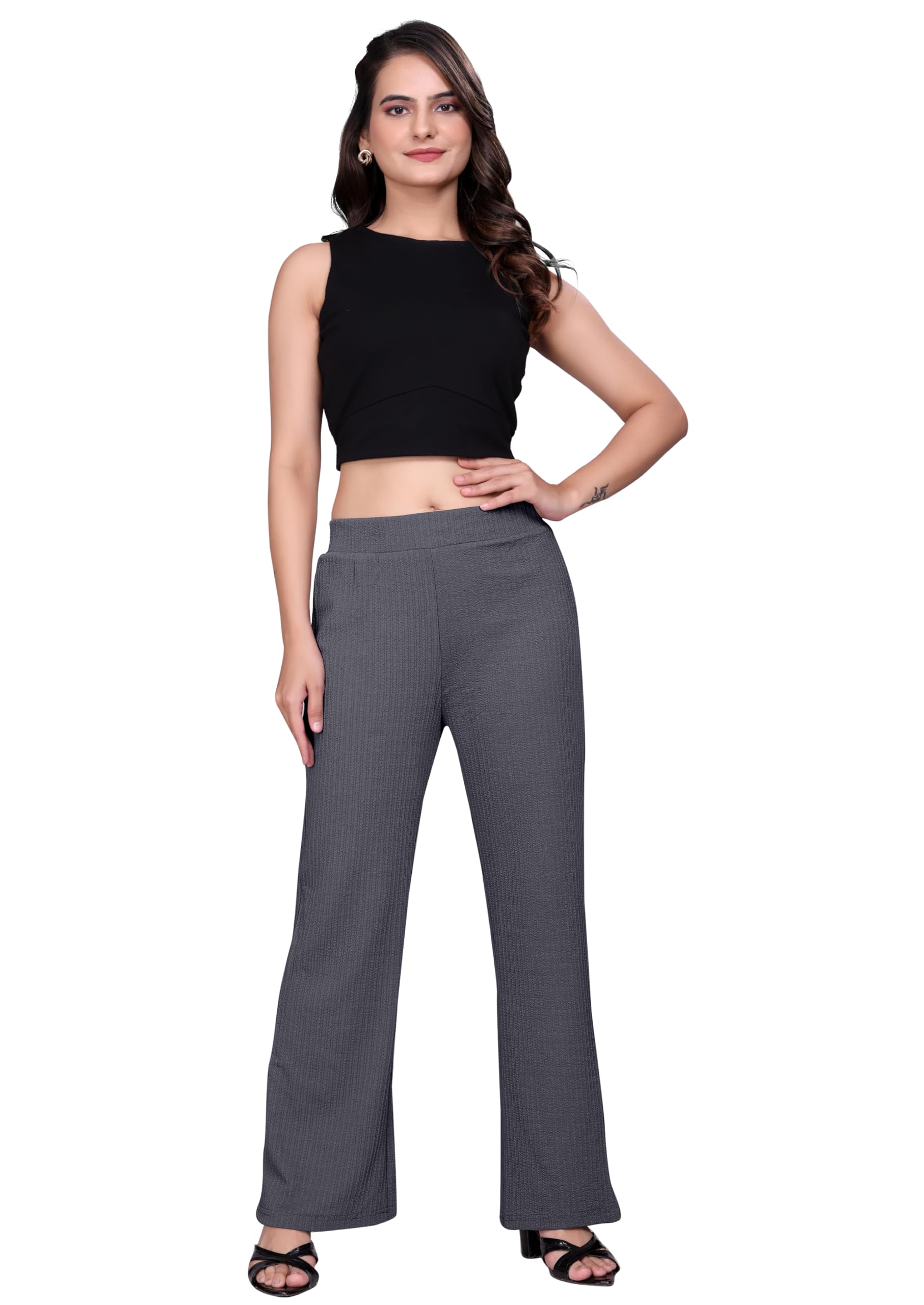 Women Textured Knit Straight Pants | Soft Comfort Fit Trousers | Stretchable Office, Travel & Everyday Wear Bottoms-image-25