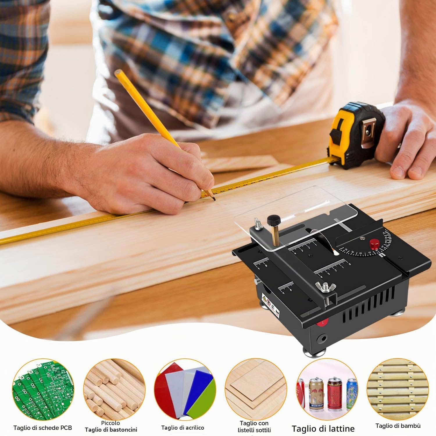 Mini sega da tavolo multifunzione con set completo di accessori, velocità e angolo regolabili, mini sega elettrica portatile da tavolo per progetti fai da te, legno, acrilico, plastica, taglio di