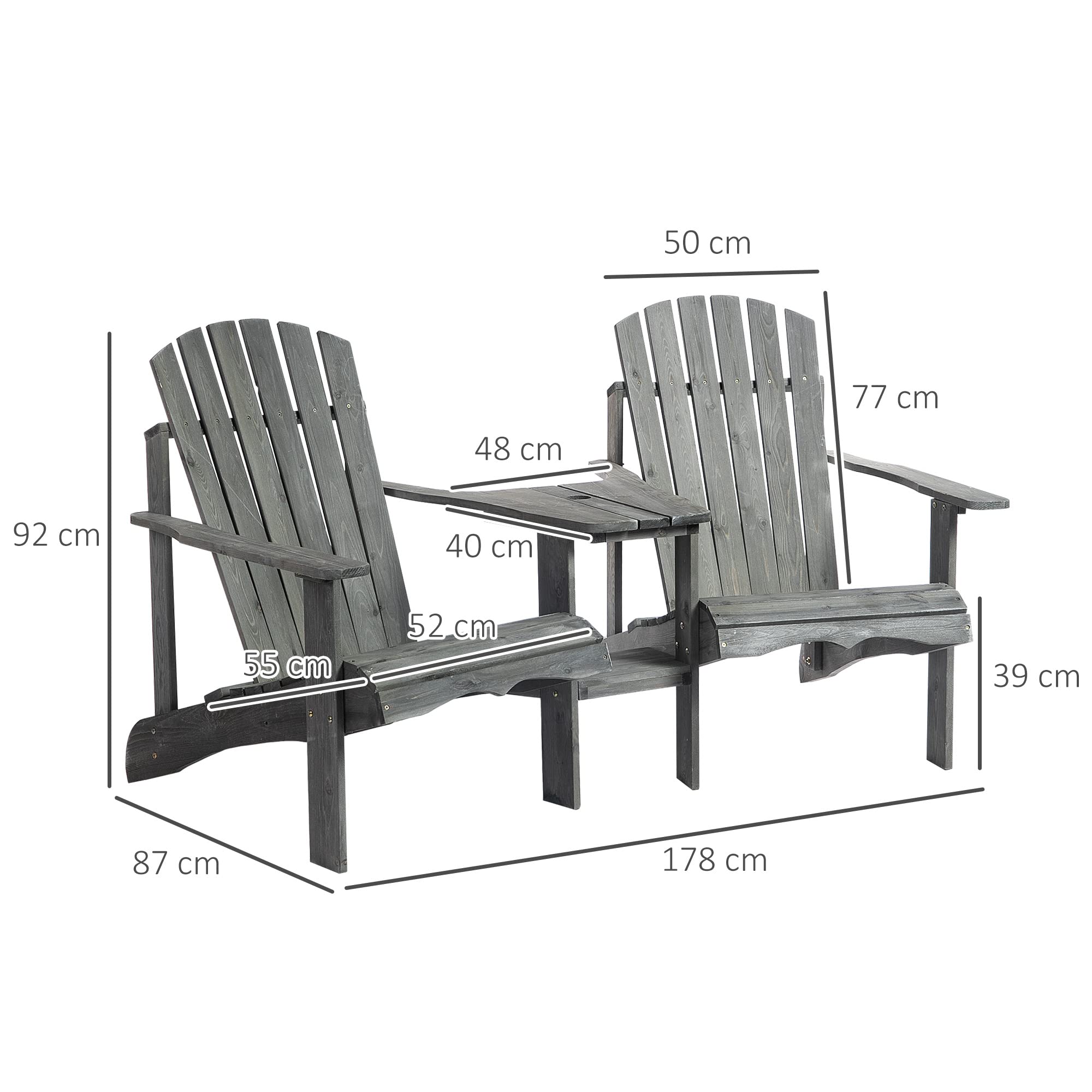 Outsunny Fauteuils de Jardin Adirondack avec Table Basse, Chaise Longue Espace Insertion Parasol, étagère Bois Sapin Gris
