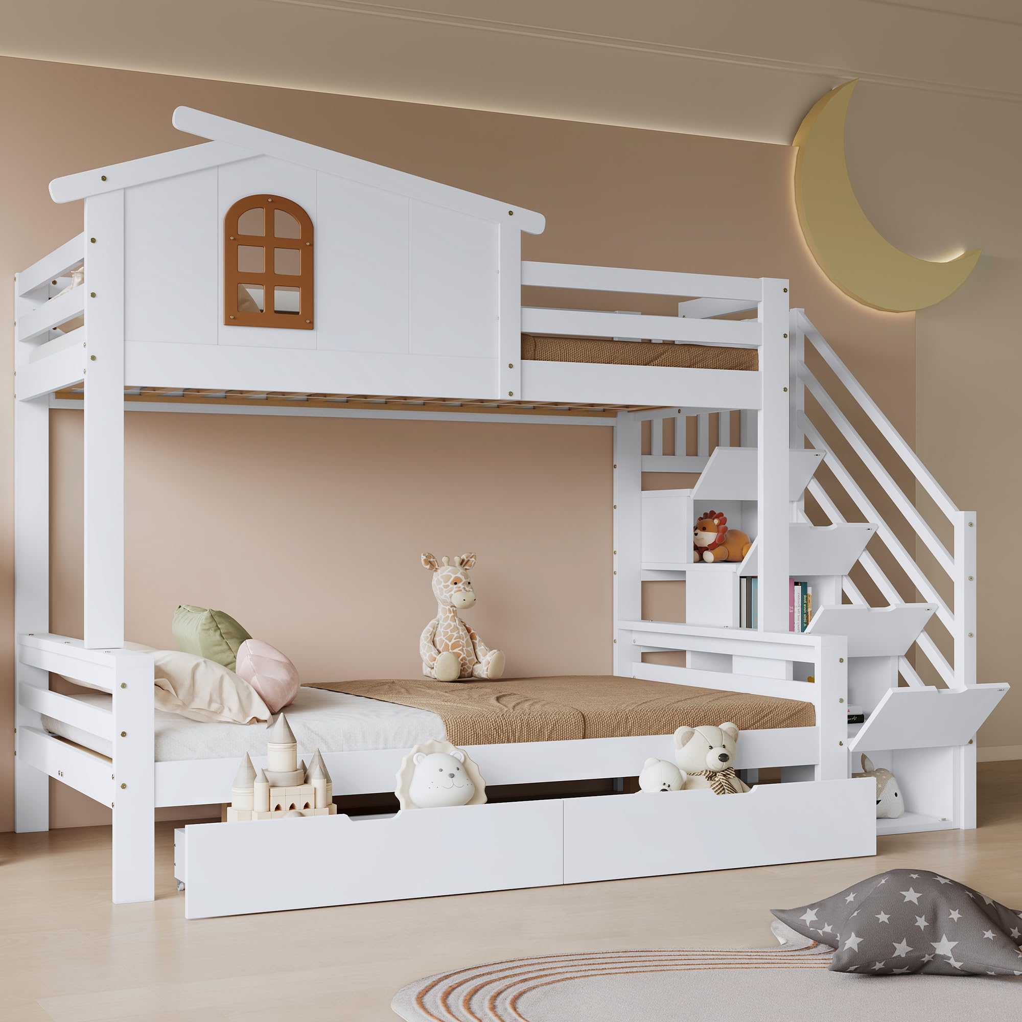 Kinderbett Bett 90x200 & 120x200 cm Etagenbett 2 Kinder, Hochbett mit Stauraum Treppe, Hausbett mit Stauraum 2 Schubladen, Holzbett Kinderbett mit Rausfallschutz, Ohne Matratze, Weiß