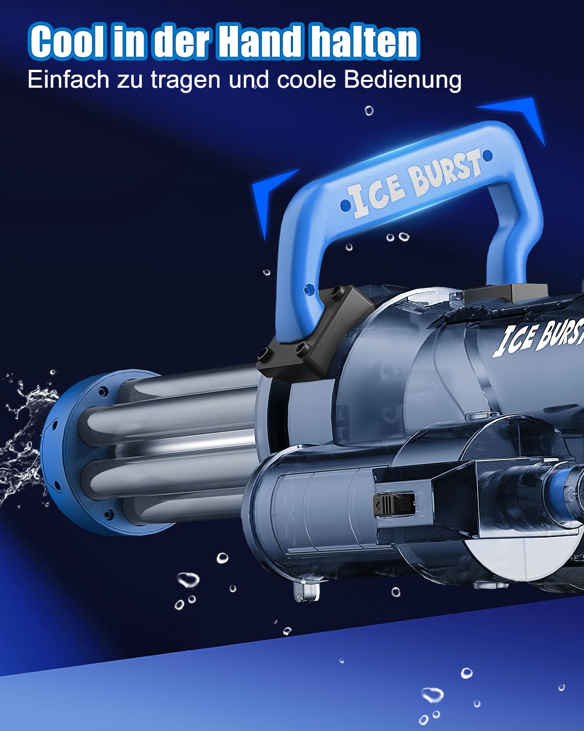 Gatling Elektrische Wasserpistole, Hochleistungs-Automatik-Wasserpistole mit großem Rucksackvolumen, Reichweite bis zu 8, beeindruckende Mündungsfeuer-Effekte für Erwachsene und Kinder (Blau)