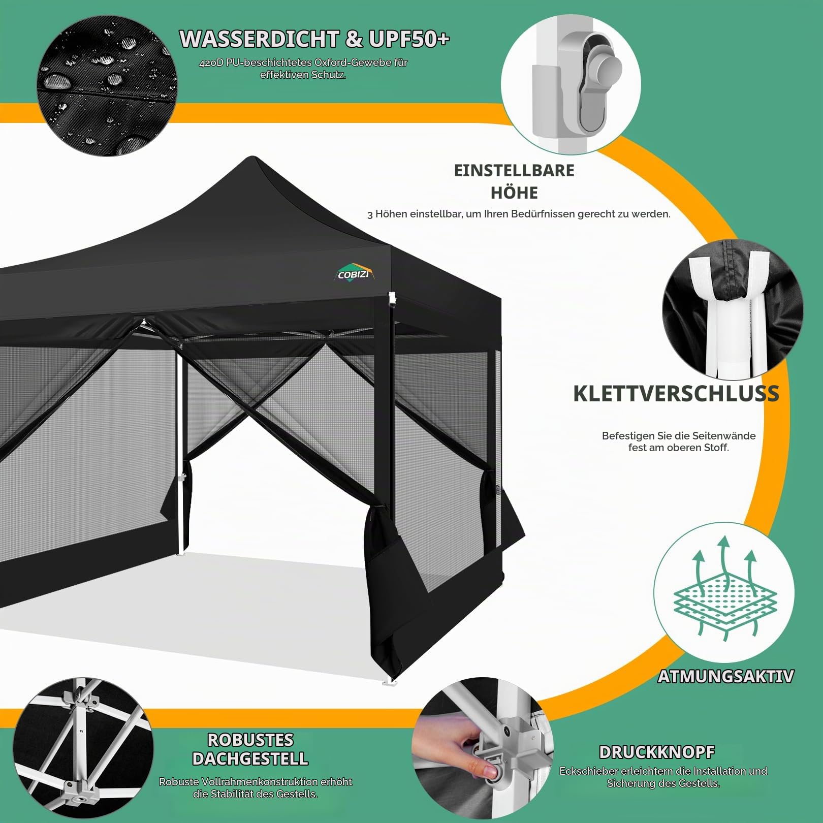 COBIZI Pavillon 3x3 Faltpavillon 3x3 Wasserdicht Stabil, Partyzelt Gartenpavillon UV-Schutz mit 4 Seitenwänden aus Mesh,Schwarz