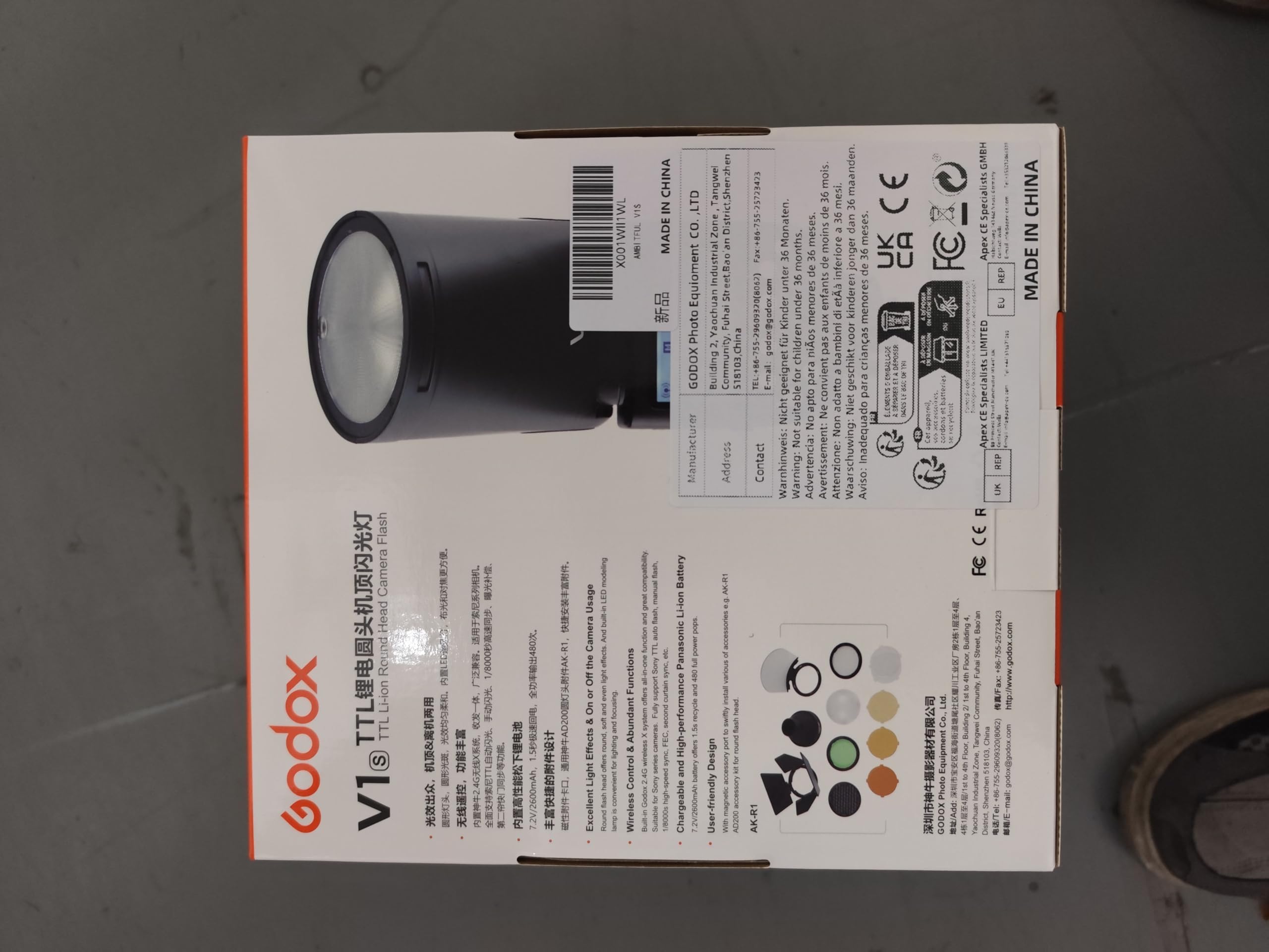 Godox Flash V1-S V1S, 76 W 2,4 G TTL ronde, 1,5 s recyclage, 1/8000 HSS, 480 prises pleine puissance, 3000 mAh batterie lithium interchangeable