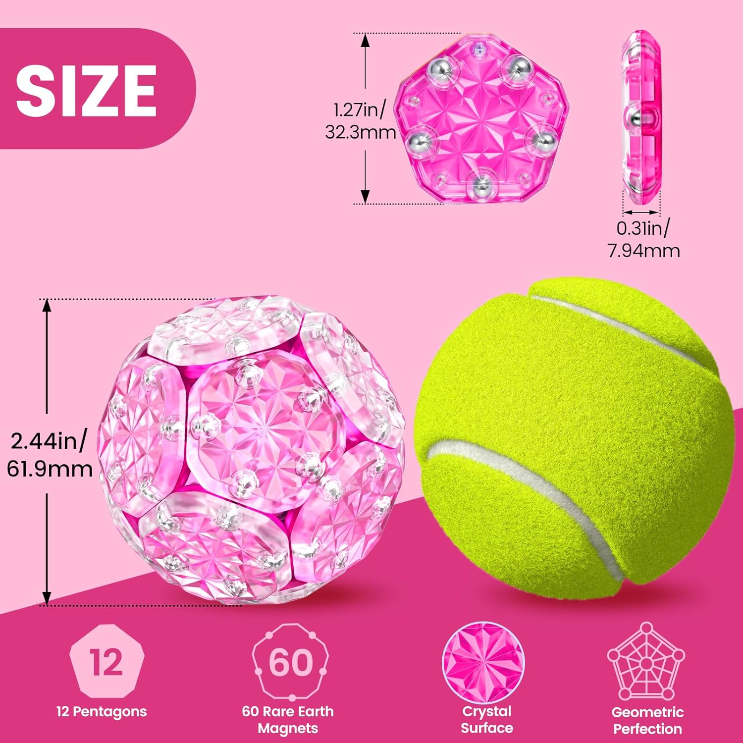 Magnetic Fidget Sphere 12 PCS, 200+ Combinations with Magnet Blocks, Magnetic Fidget Toys, Sensory Balls Desk Toys for Adults & Teens 14+, Stress Relief Gift, Stocking Stuffers Rose Red