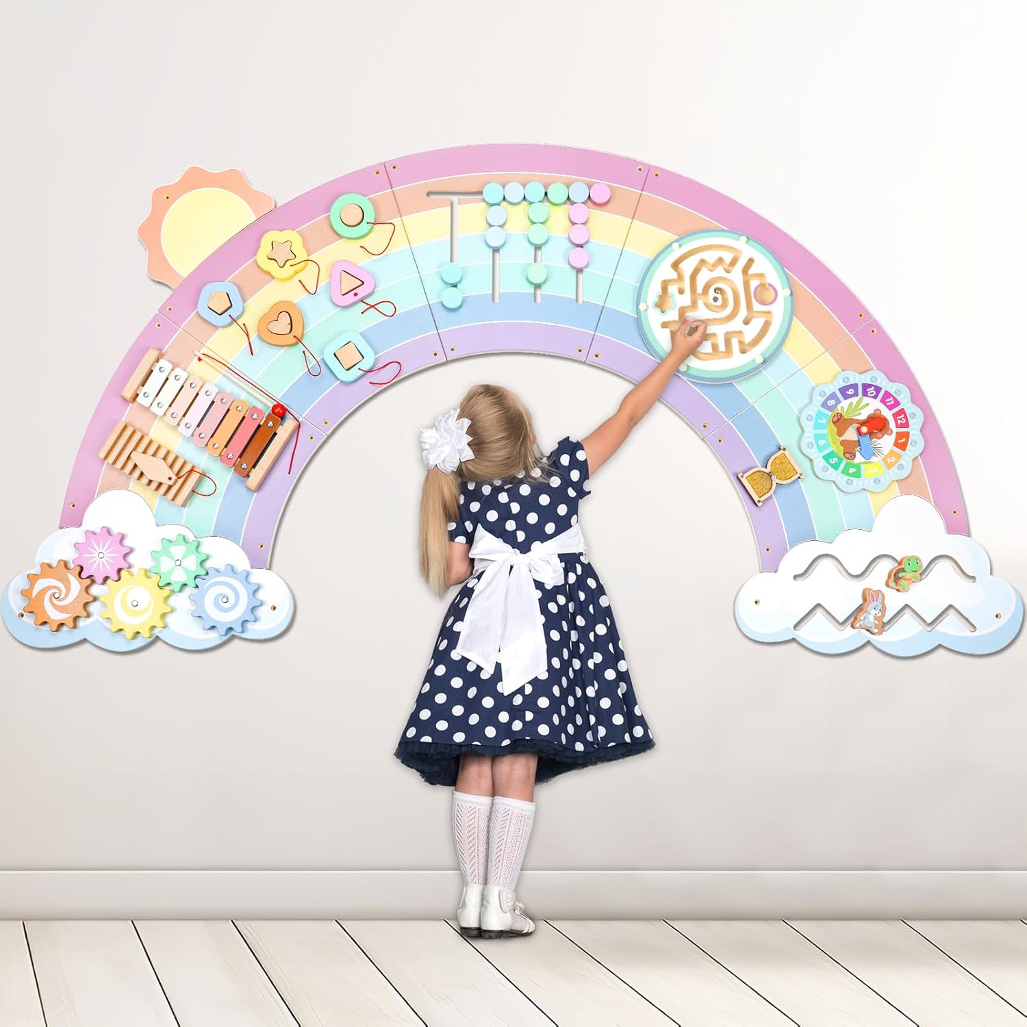5FT Large Sunshine Rainbow Wooden Activity Wall Panel for Toddler Educational Montessori Toy for Kids Interactive Sensory Toys Sensory Activity Busy Board Daycare Learning Center Toddler Room Decor