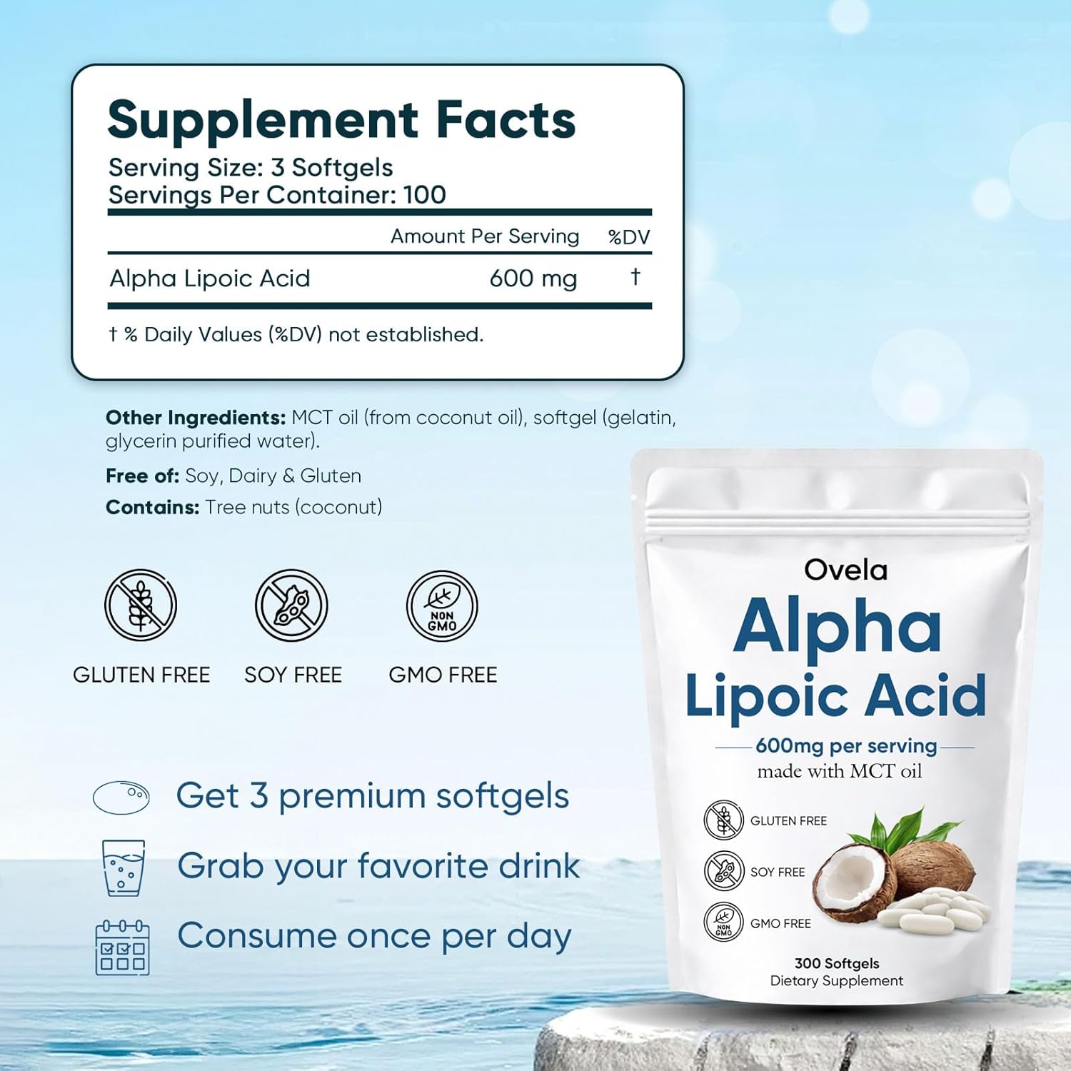Aacnre Ovela Alpha Lipoic Acid 600mg with MCT Oil, Antioxidant Support for Nerve, Energy & Cellular Health, Non-GMO, Vegan, Gluten Free, 300 Softgels