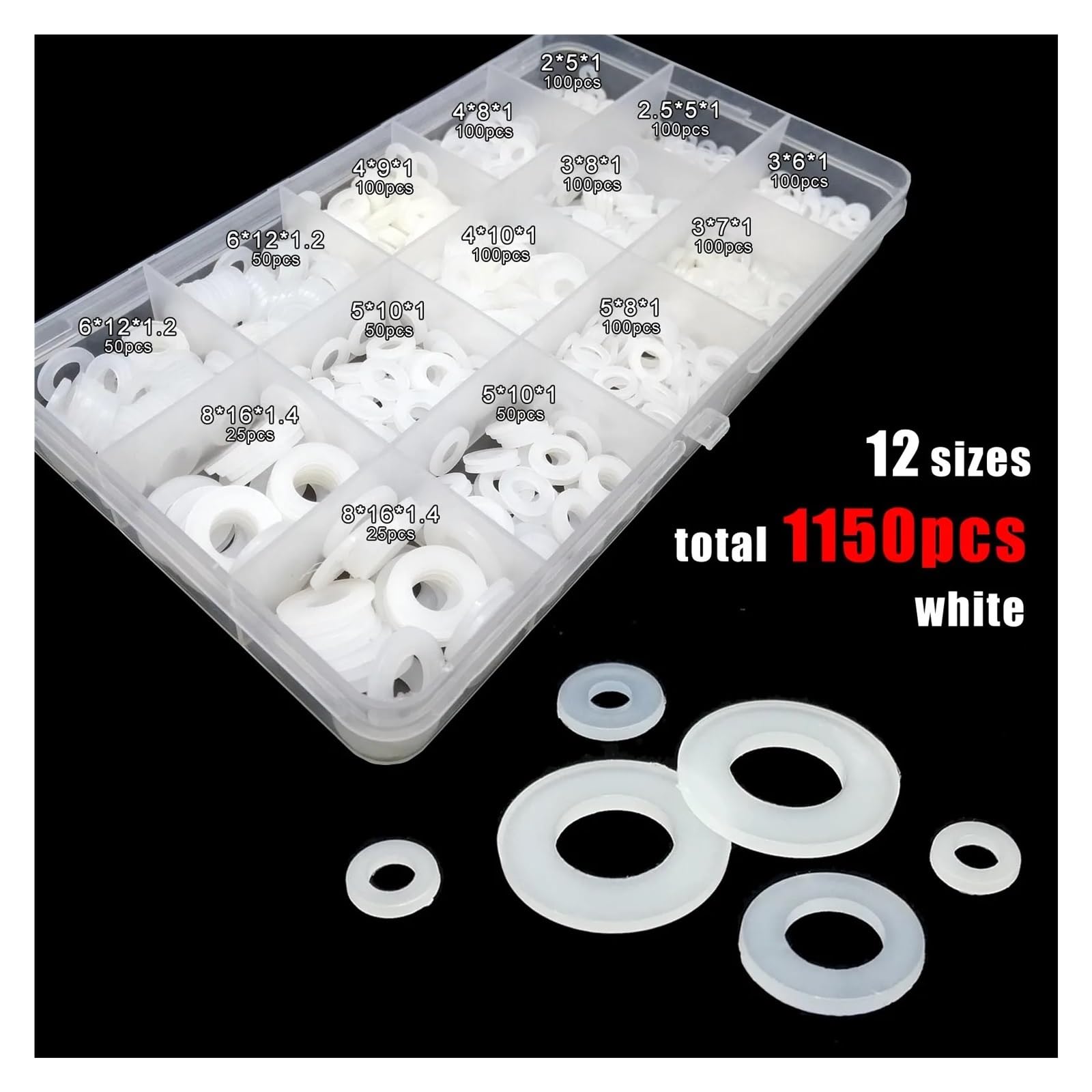 Kit d'assortiment de rondelles plates et joints d'étanchéité, 475/1150 pièces, M2,5, M3, M4, M5, M6, M8 Rondelles Plates inoxydable(Black 1150pcs)