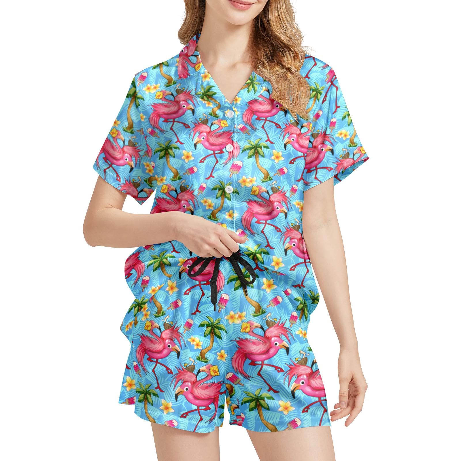 Funny Pajamas for Women Set Print Satin Loungewear Pjs Short Sleeve Button Down Top and Shorts Sets Sleepwear XS-3XL