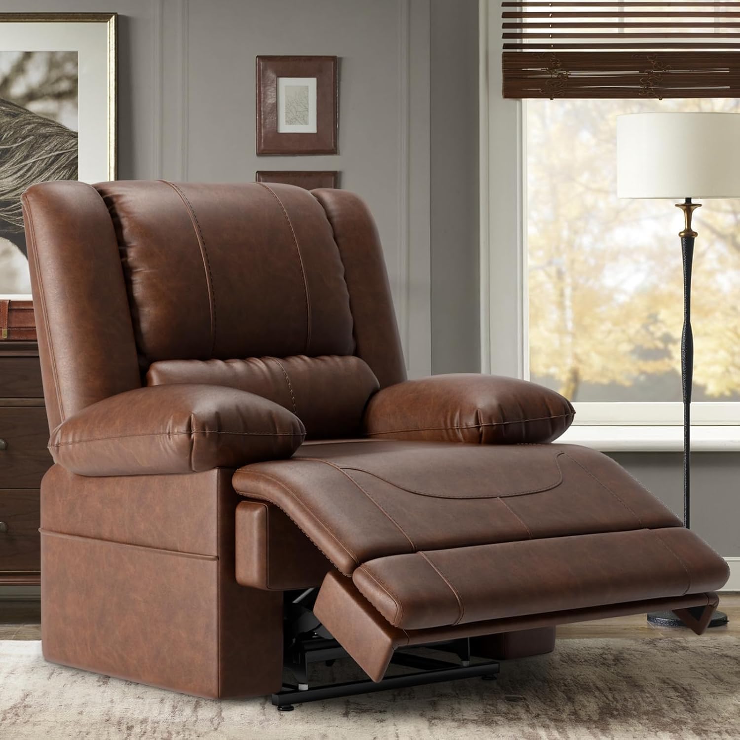 Genuine Leather Dual Motor Oversized Recliner Sofa with Power Lift, Massage Heat, Infinite Position, Remote Control, Cup Holders, and USB Charging Ports for Elderly