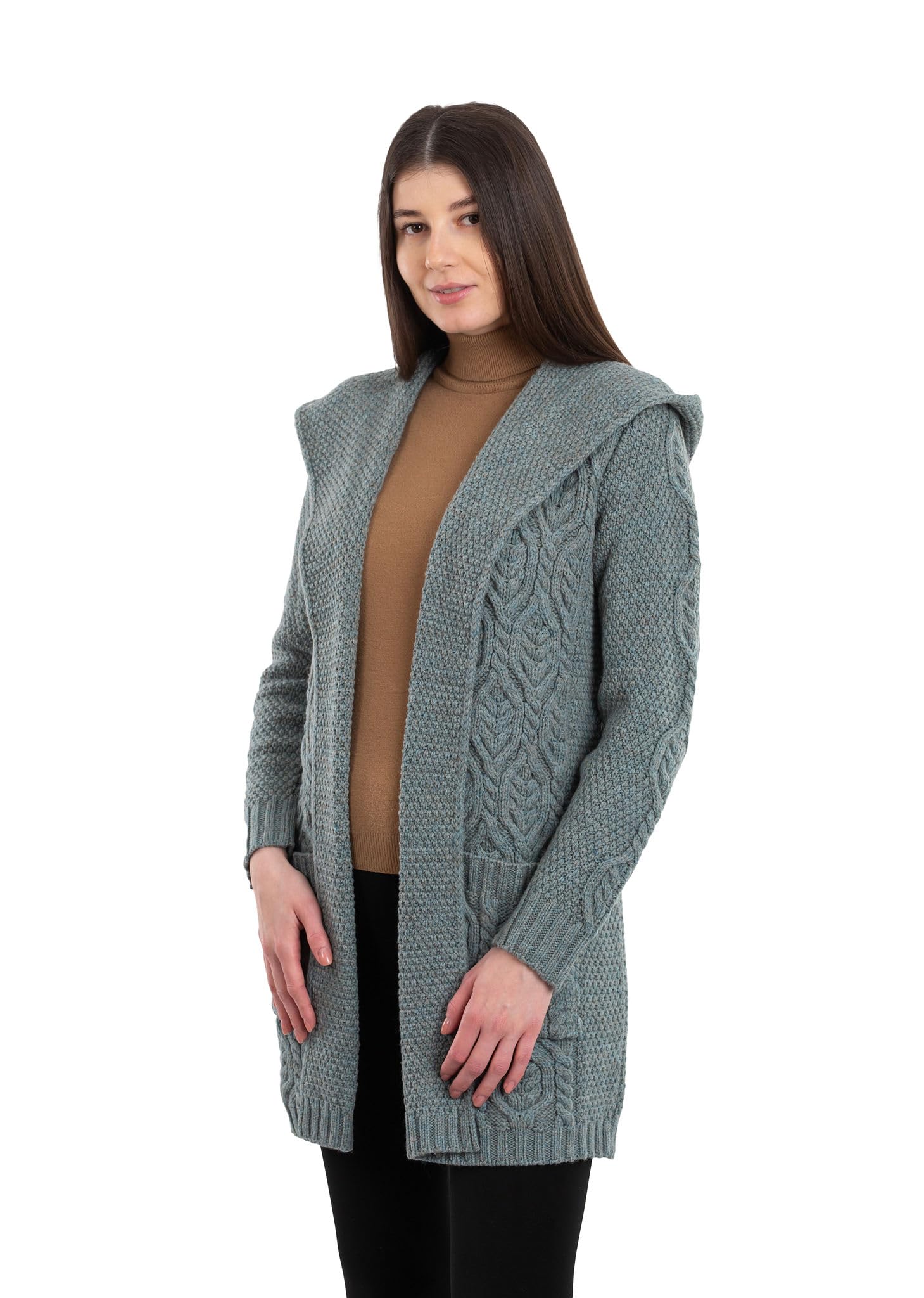 SAOL 100% wełna merino damski irlandzki klasyczny krój długi kardigan z kapturem