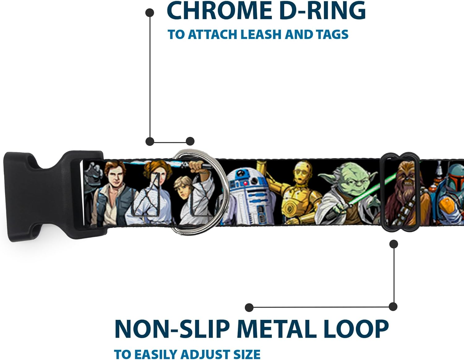 Star Wars Pet Collar, Dog Collar Plastic Buckle, Star Wars Classic Character Poses Black, 20 to 31 Inches 1.5 Inch Wide
