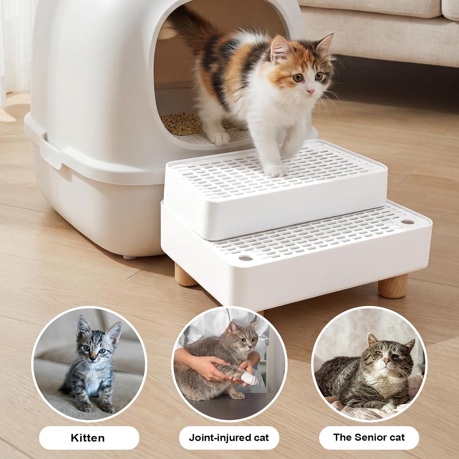 Adjustable 2 Steps Litter Box Ramp, Cat Litter Catcher Mat with Wooden Feet, Filter Function, Litter Box Step for Small & Elderly Cats, Fits Automatic Litter Boxes (White)