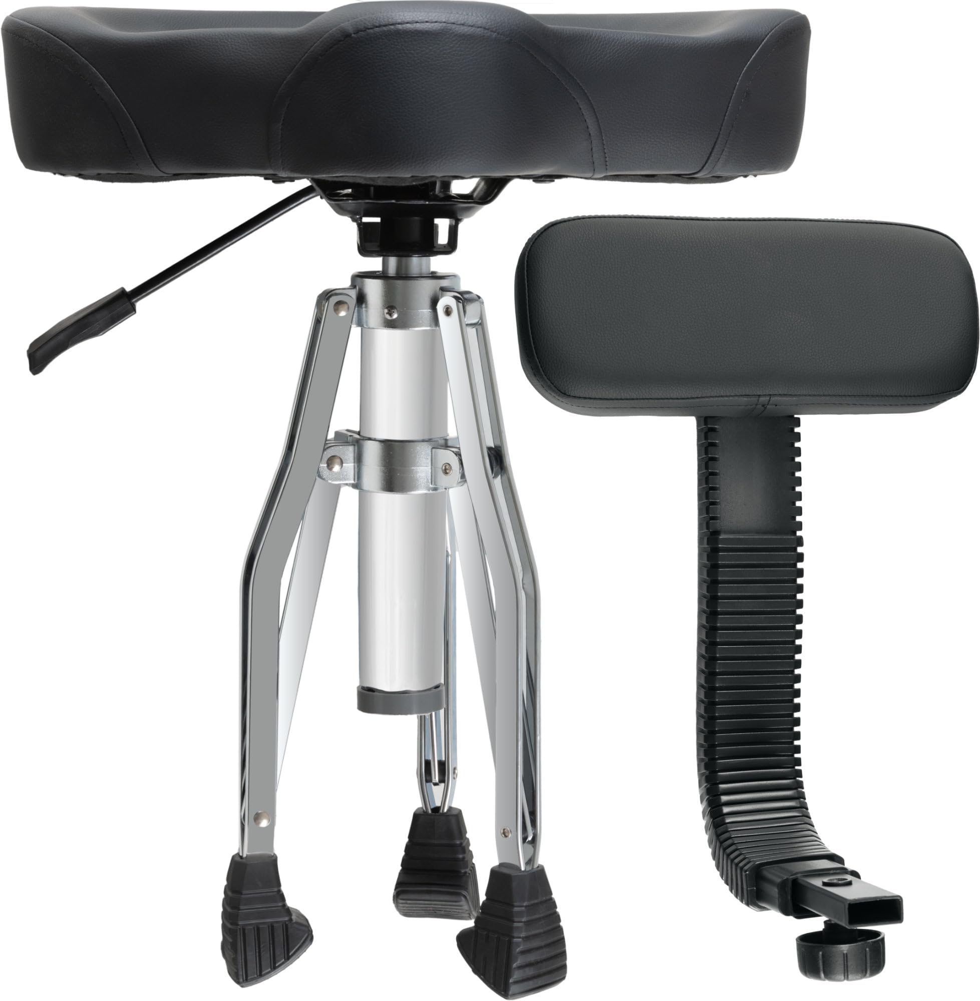 XDrum BeatSeat Drumhocker con Schienale Seduta a Sella - Rivestimento in Pelle Sintetica Nera - Regolazione Altezza 45-60 cm - Piedini Antiscivolo Gambe Doppie