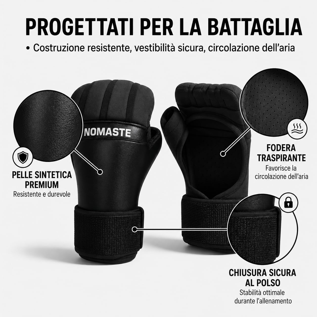 Sottoguanti da boxe con protezione gel, guanti per MMA e kickboxing, pelle sintetica, nero