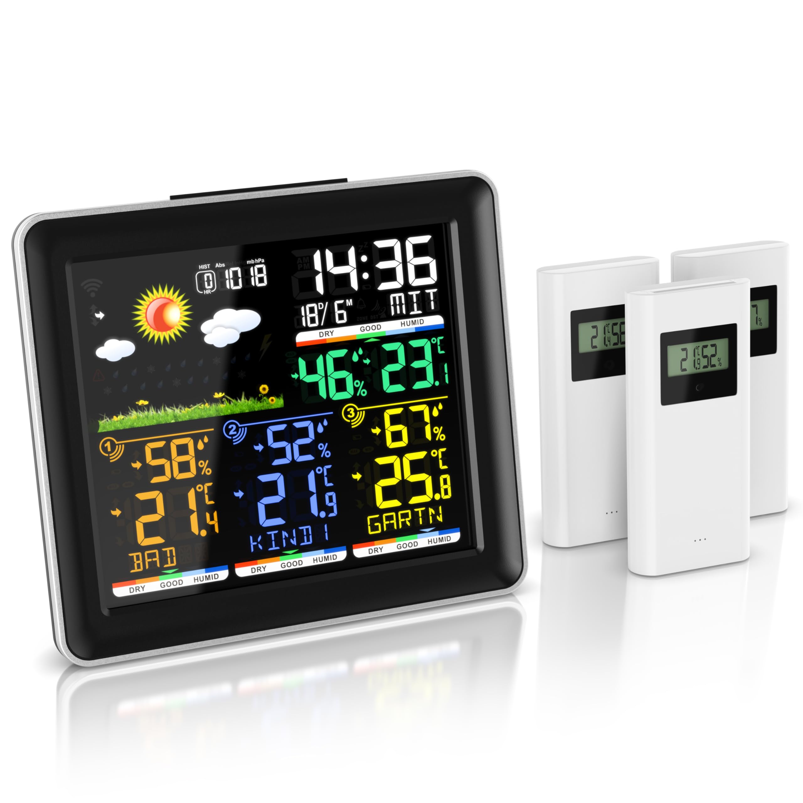 Brandson - Wetterstation Funk mit Außensensor - Farbdisplay - DCF Empfangssignal Funkuhr - Innen und Außentemperatur - Wettervorhersage - Temperatur Luftfeuchtigkeit Luftdruck - 3 x Außensensor