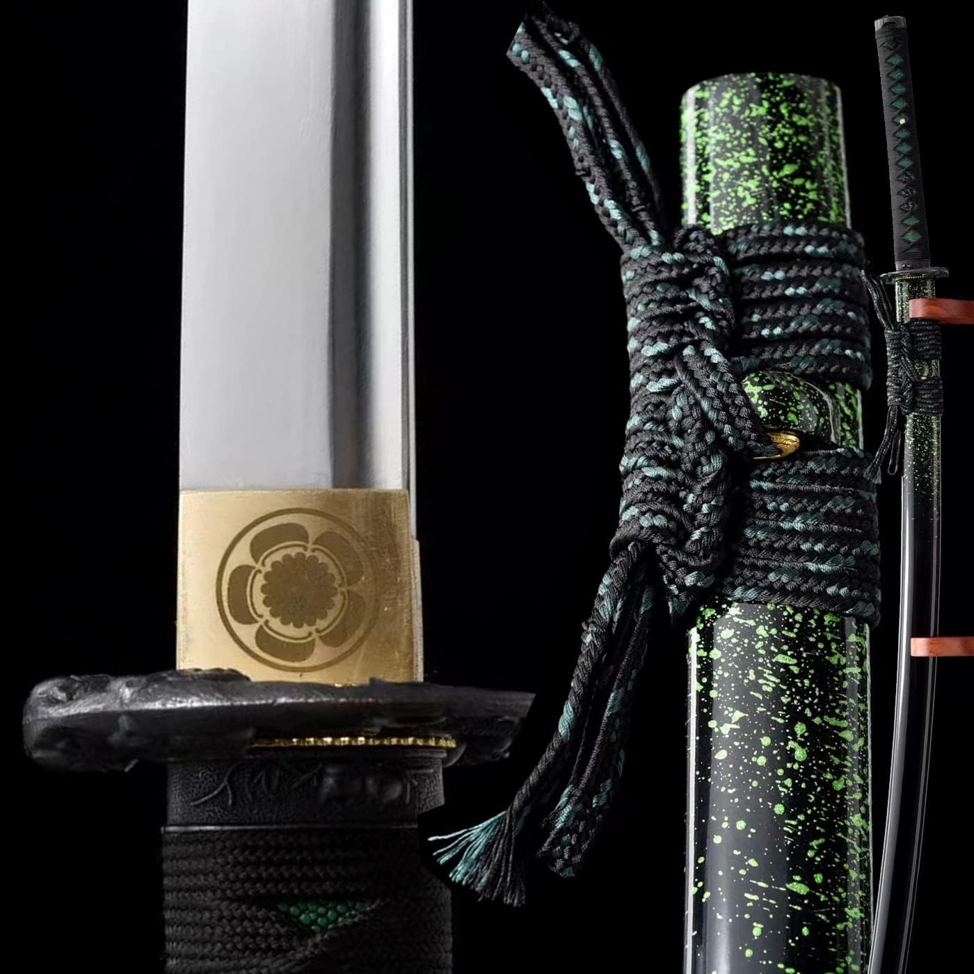 HERO SWORD 9260 Spring Steel Battle Katana Black Green Theme Japanese Samurai Sword Full Tang Sharp Blade Knife for Practice,Combat Ready Gift for Men