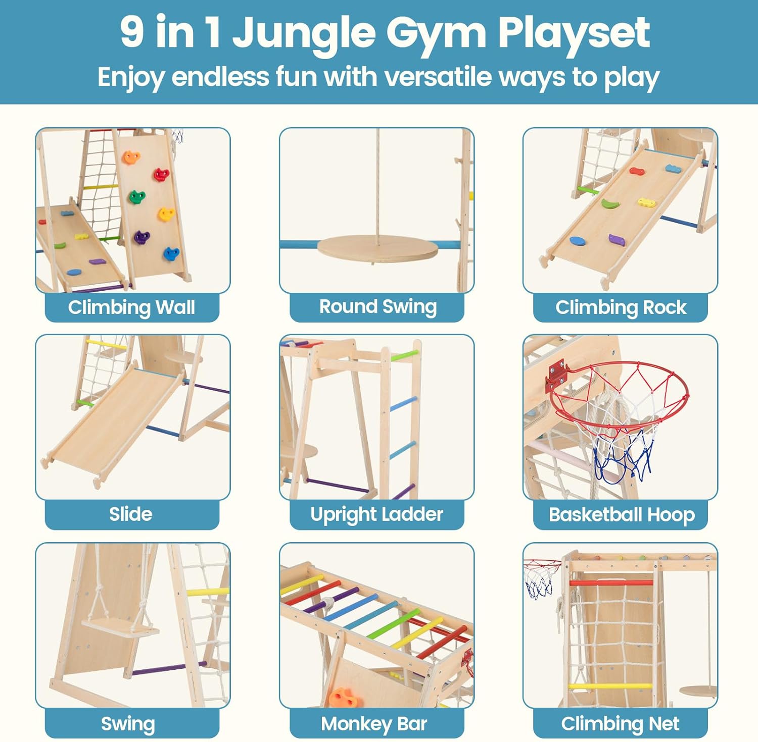 OLAKIDS Indoor Jungle Gym, 9 in 1 Wooden Montessori Baby Climbing Toys with Adjustable 2 Swings Ramp, Monkey Bar Basketball Hoop Ladder Climb Net (Colorful)