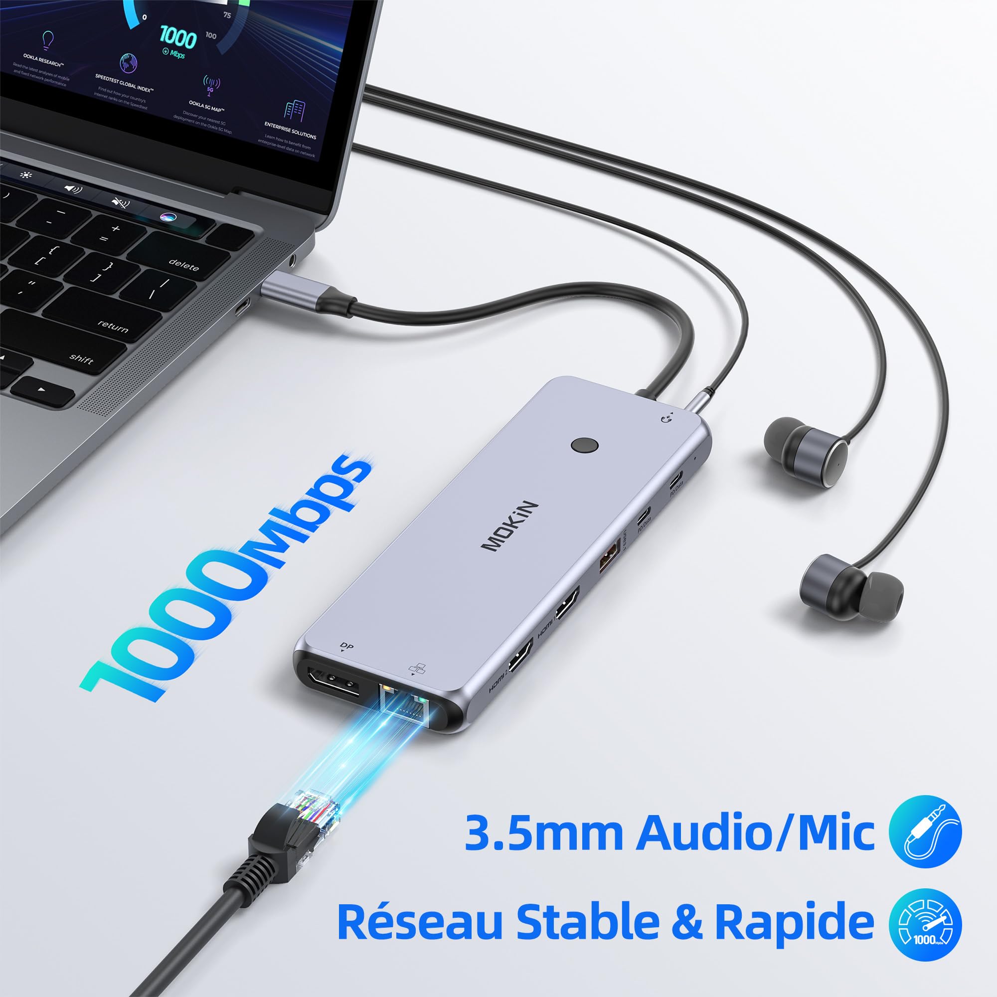 Stacja dokująca 13 w 1 do trzech monitorów z dwoma portami HDMI i DisplayPort 4K, Ethernetu, 2 portami USB-C (100 W PD/10 Gb/s) 6 portami USB-A 3.1/3.0/2.0 i dźwiękiem dla komputerów Dell, HP i Lenovo