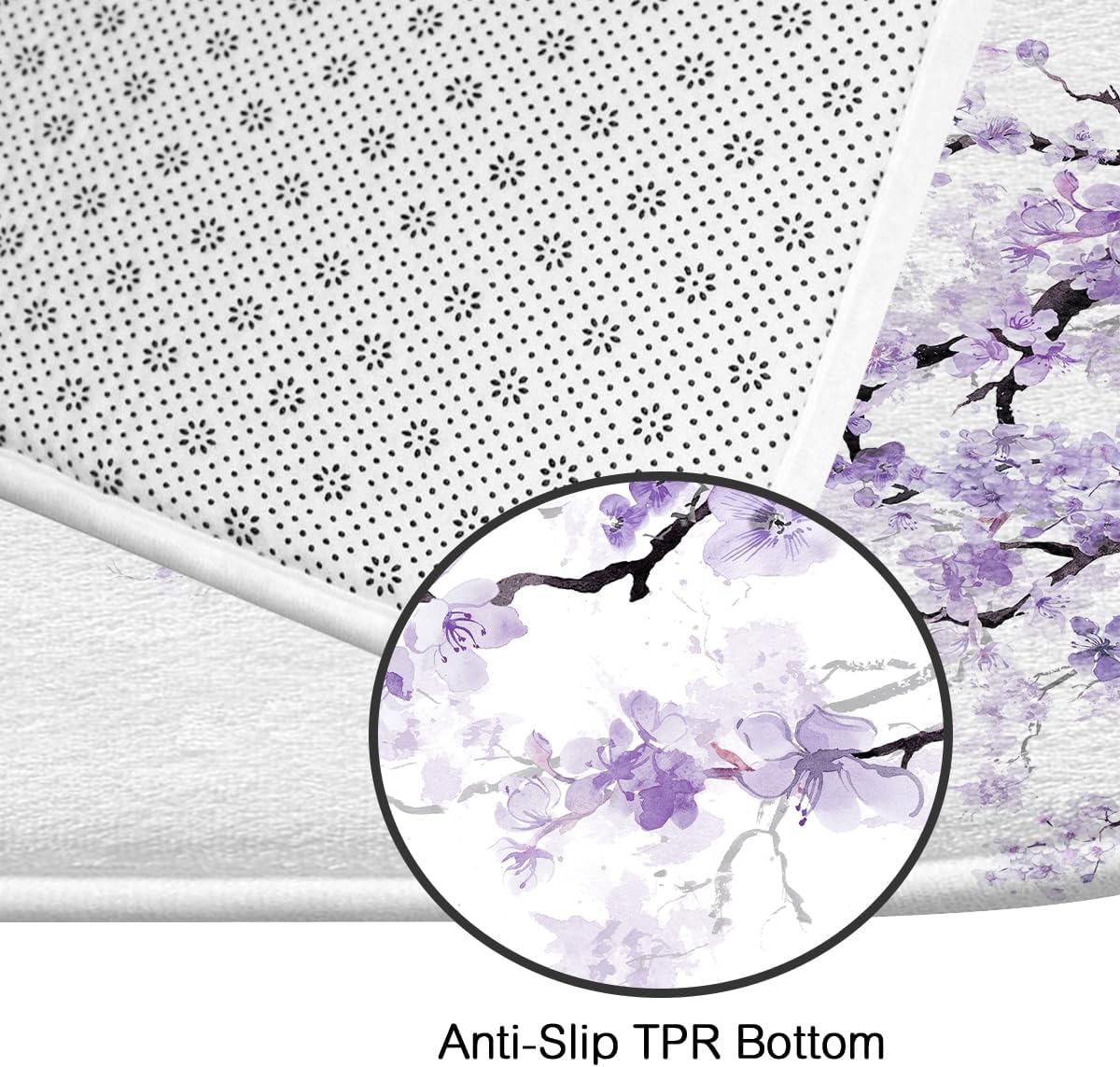 Purple Cherry Shower Curtain Set 4 Pcs Spring Sakura Floral Plum Bathroom Decor with Rugs Blossom Flowers Japanese Asian Mat Toilet Lid Cover U Shaped Non-Slip Fabric Polyester 60x72 Inch