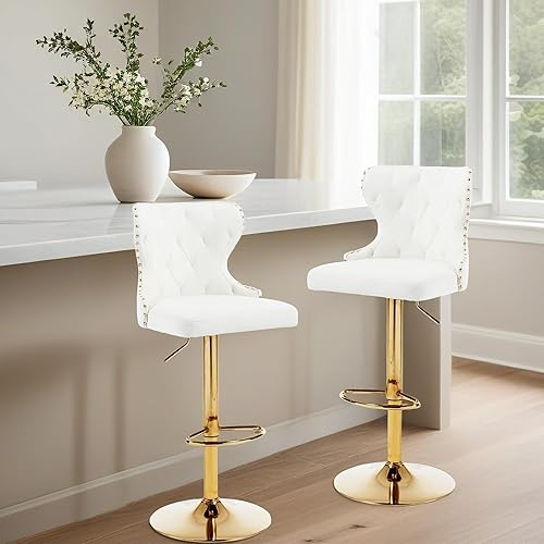 Miniatura 2 de Juego de 2 taburetes de bar giratorios ajustables, sillas tapizadas de piel sintética con respaldo alto y ribete de cabeza de clavo, patas de metal