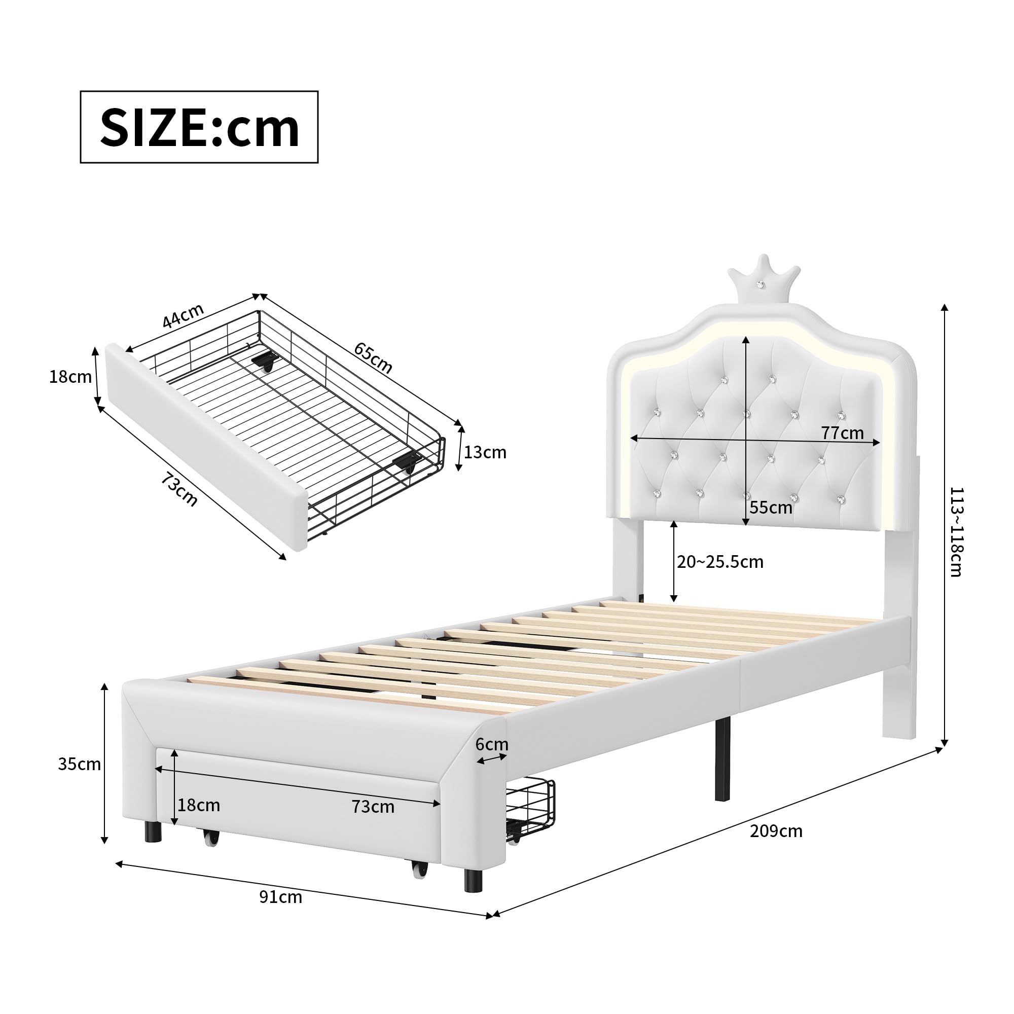 Letto Singolo Imbottito 90x200 Cm Con Luci LED E Cassetti: Testiera Regolabile Con Corona E Pulsanti, Struttura In Acciaio E Doghe In Legno, Bianco, Senza Materasso
