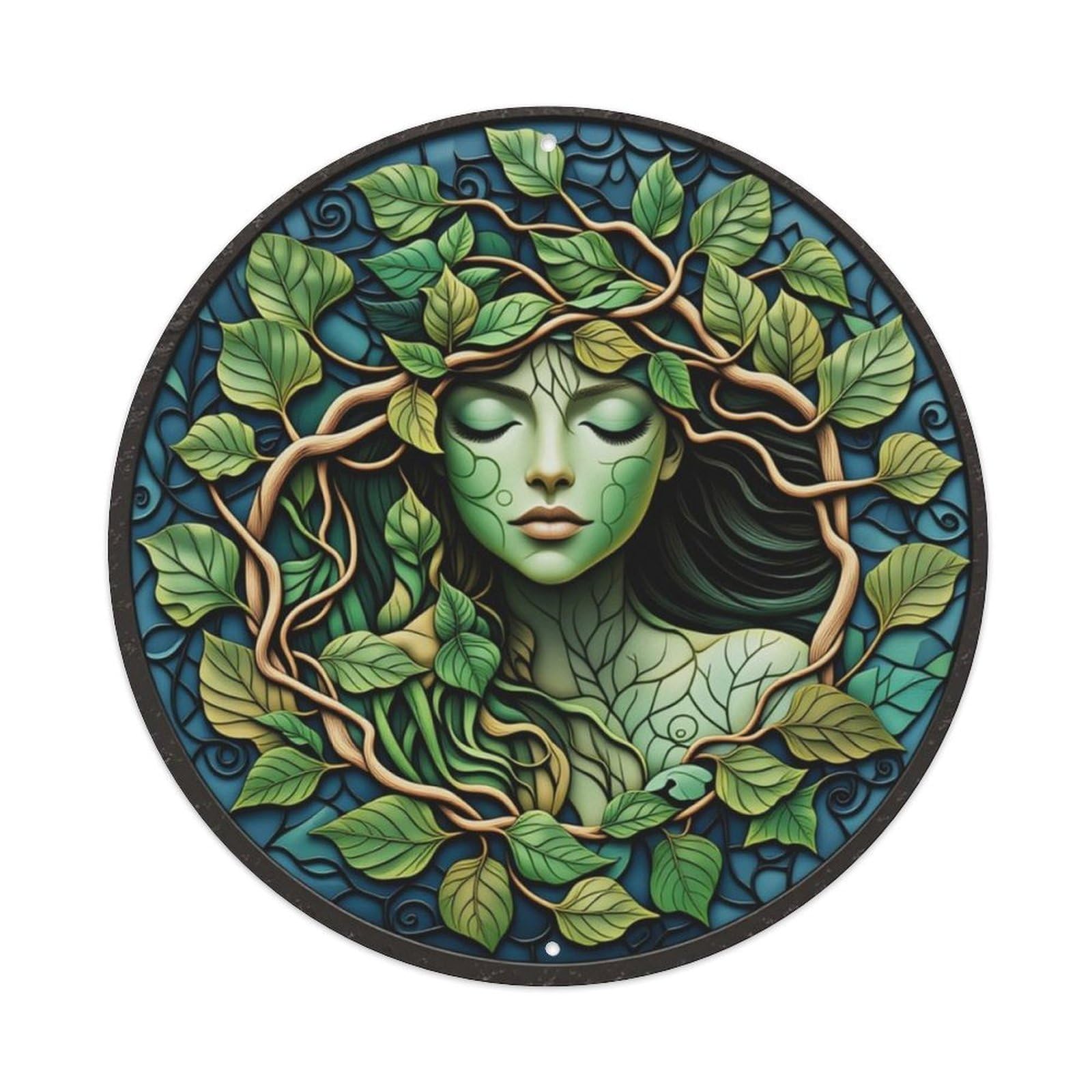 Stained Glass Tree Goddess Round Decor Sign Vintage Aluminium Metal Sign, Retro Wall Decor for Home, Bar, Garage & Farmhouse 20x20cm