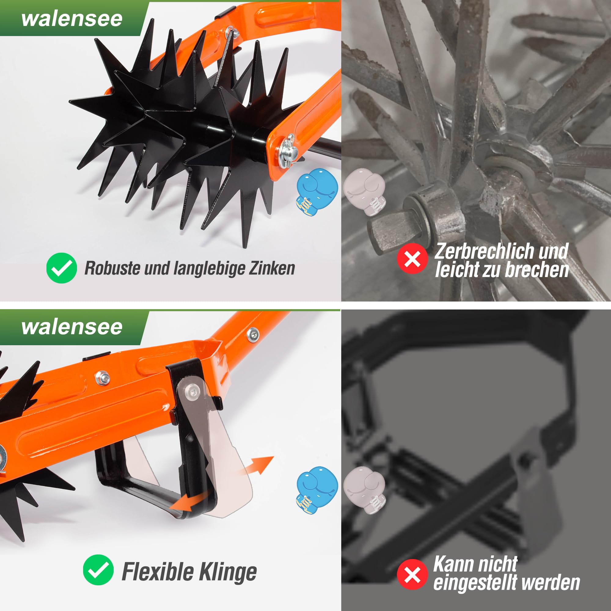 Walensee Rotationsgrubber, verstellbare Garten Kultivator Gartenfräse, 2-in-1 Gartenjätmaschine und Krümelgrubber Kultivator-Werkzeug zur Bodenmischung oder zum Nachsäen von Gras Rotary Cultivator