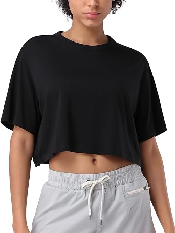 Pioneer Camp Bamboo Viscose Workout Crop Tops for Women Short Sleeve Loose T-Shirts Cropped Athletic Gym Running Yoga Tee