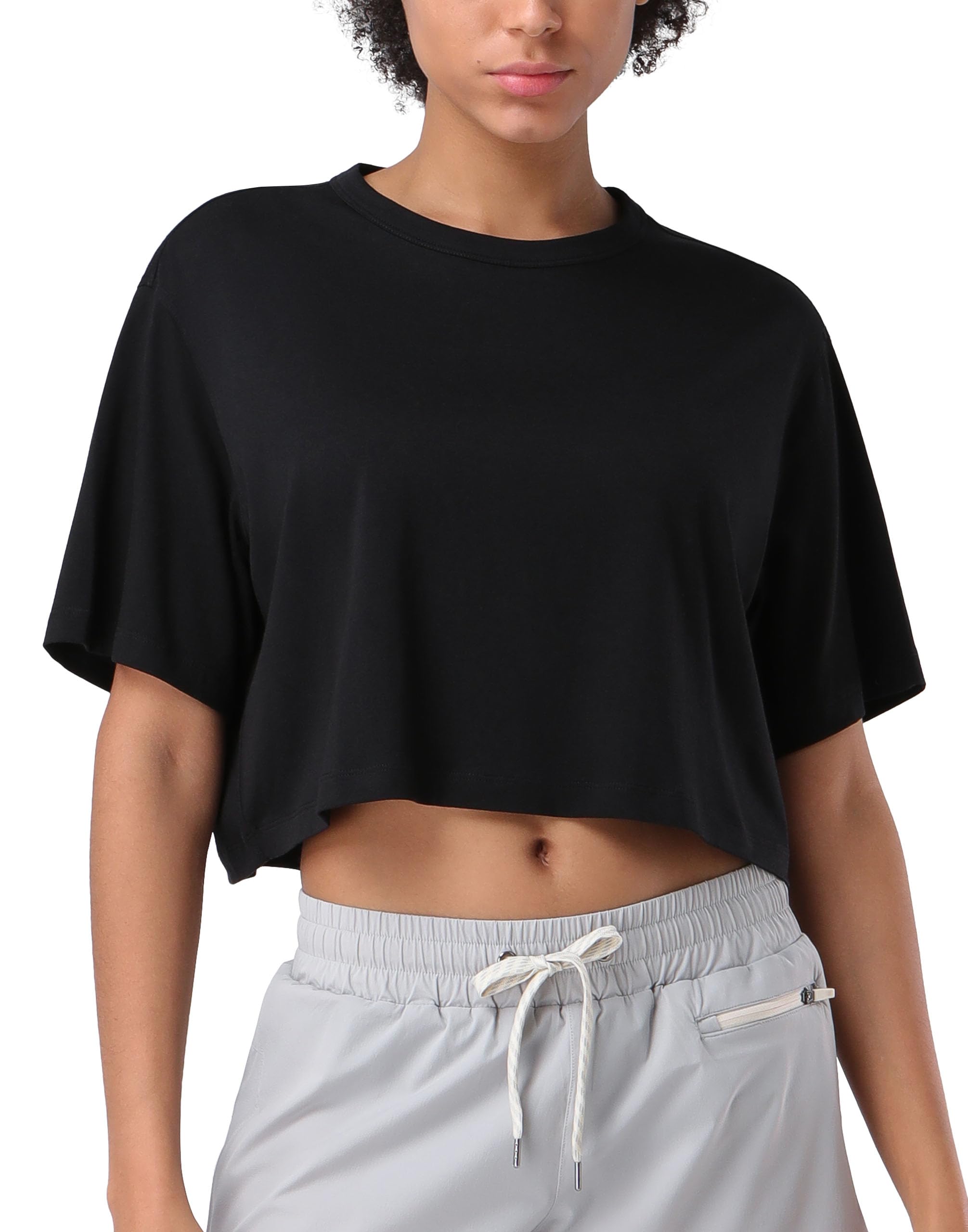 Pioneer Camp Haut court d'entraînement en viscose de bambou pour femme - T-shirt ample à manches courtes pour la gym, la course à pied, le yoga