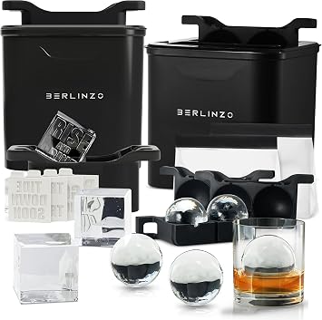 Berlinzo Premium Crystal Cube & Sphere Maker Mold Set 4 Large 2.1" Diamond-Look Cubes & 4 Large 2.4" Glossy Round Balls Easy-Release Silicone Molds, Black Non-Electric