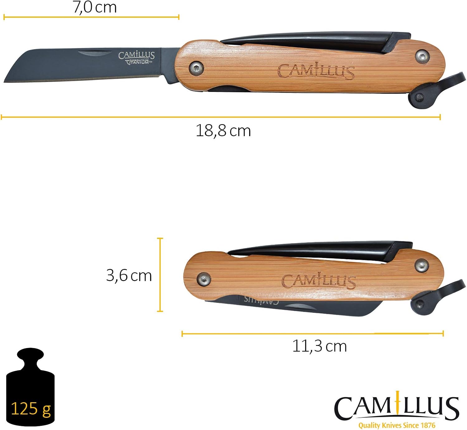 Camillus 7.5” Folder W/Marlin Spike Knife/Bamboo Handle/CARBONITRIDE Titanium™ / AUS-8