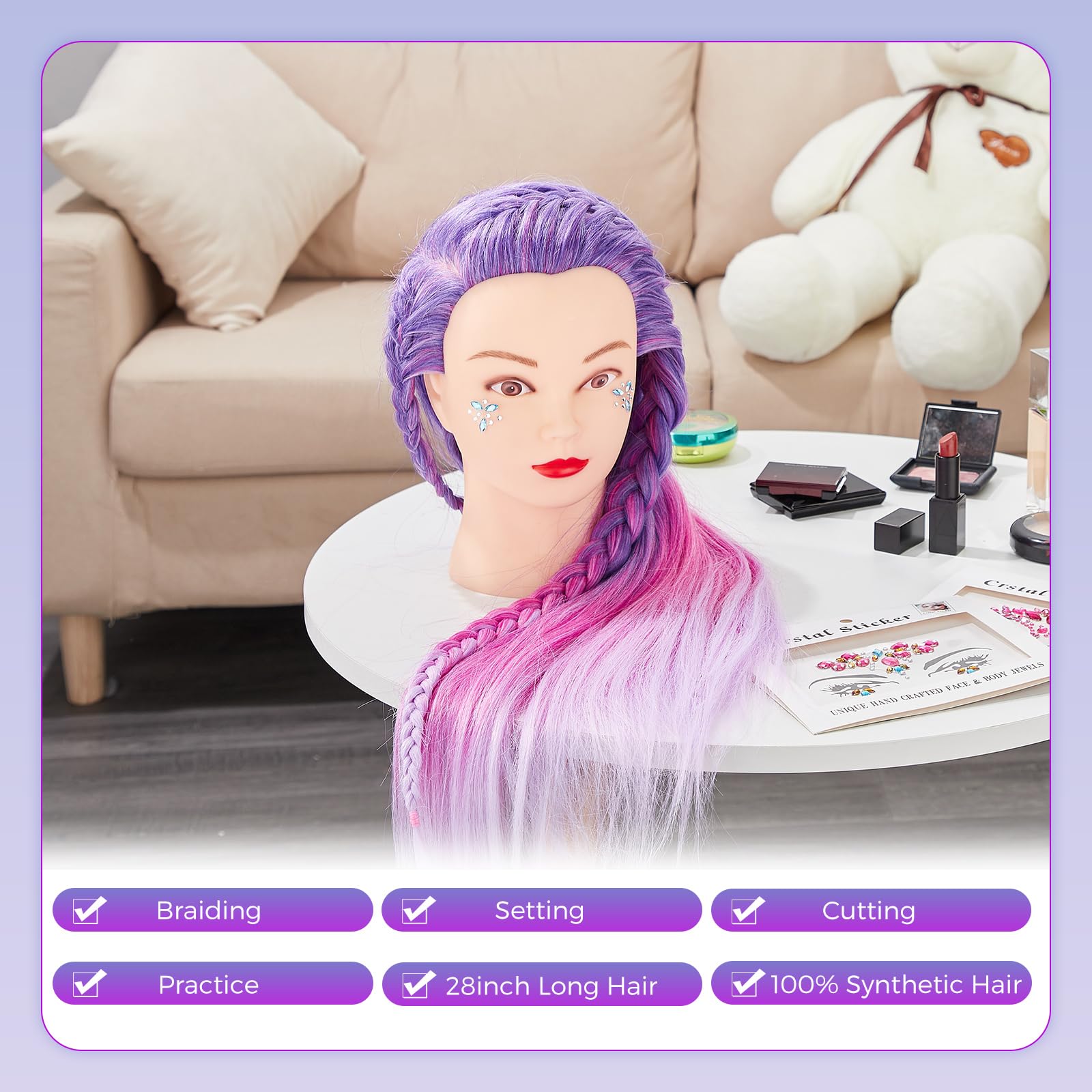 Neverland Cabello para prácticas de peluquería, pelo sintético 64 cm, pelo lila de ensueño, juego de estilizados de trenzas.