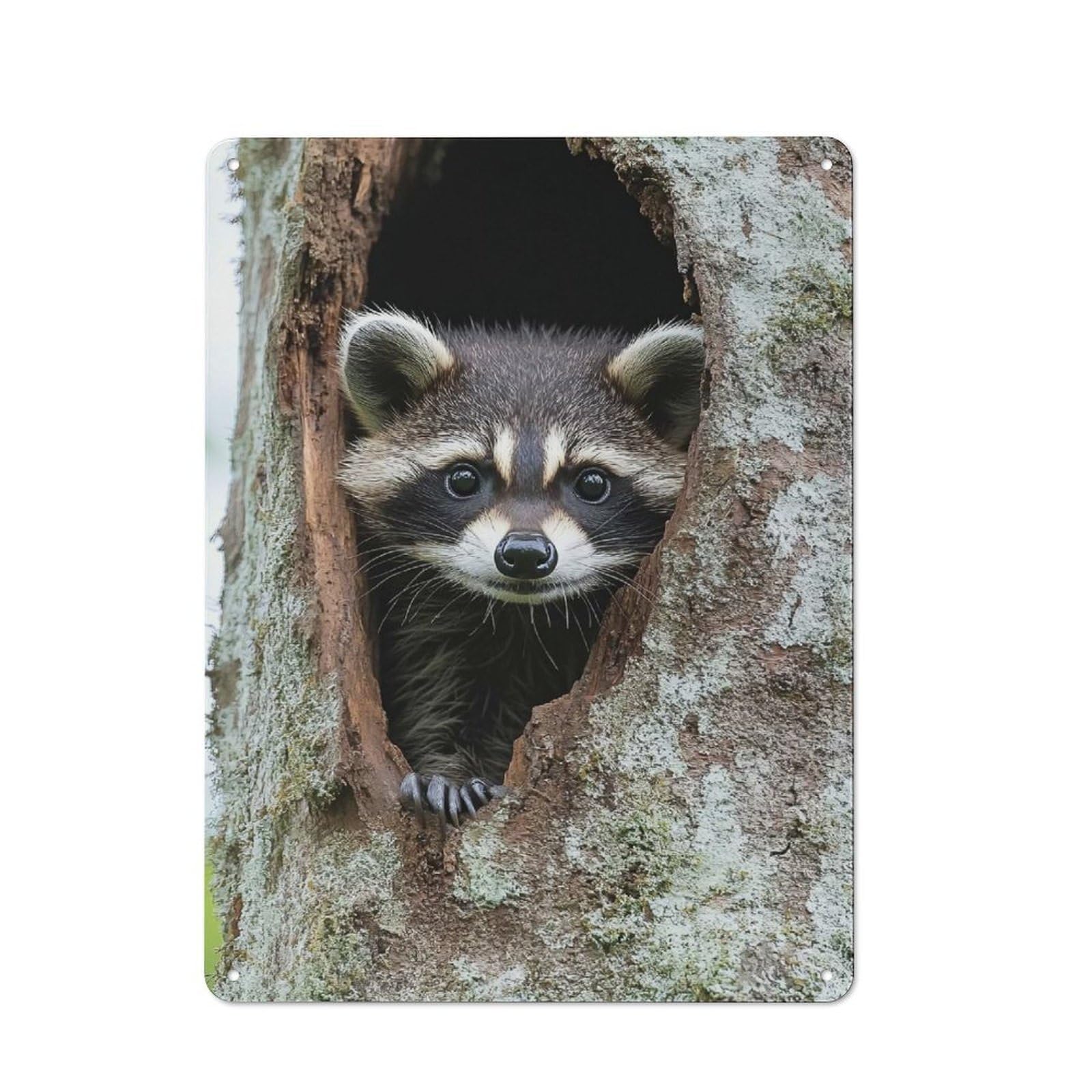 Junmoney Style-11 Loft Style Metal Wall Art Sign 40X30cm Featuring Raccoon Peeking From Tree Hollow, Urban Room Decor For Loft, Studio, Office Or Creative Room