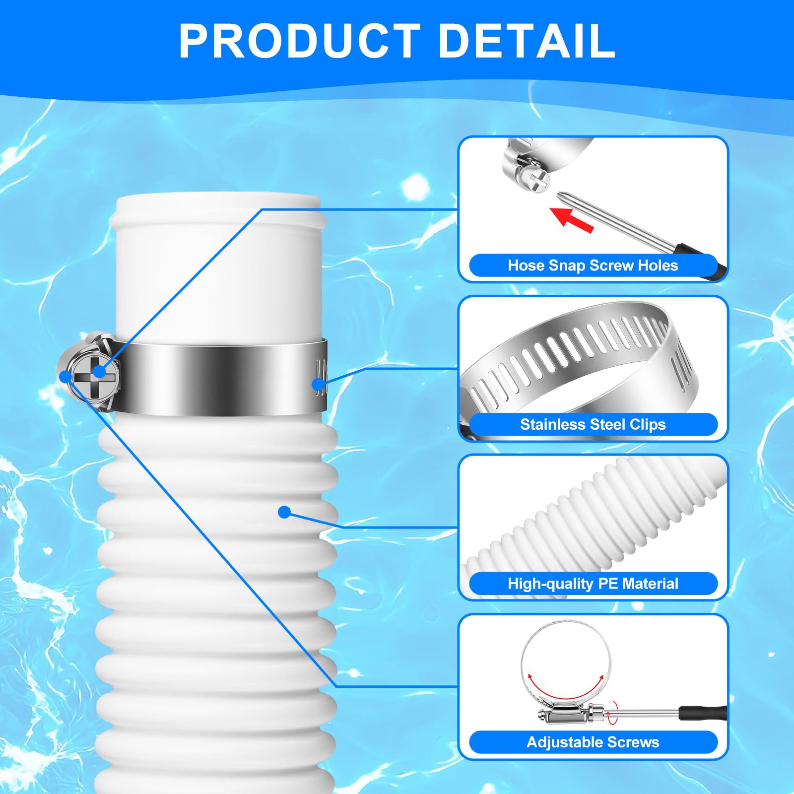 Lot de 2 Tuyaux Pour Piscine Hors-Sol 32mmx150cm, Kit de Tuyau de Piscine En PE Comprenant 4 Colliers de Serrage Métalliques de Sécurité, 2 Adaptateur de Tuyau,1 Ruban d'Étanchéité,1 Tournevis